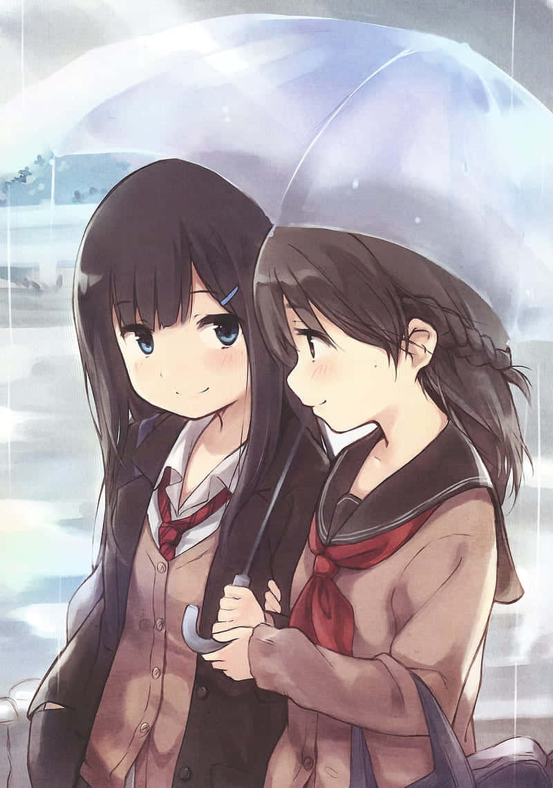 To glade anime-piger i kærlig omfavnelse. Wallpaper