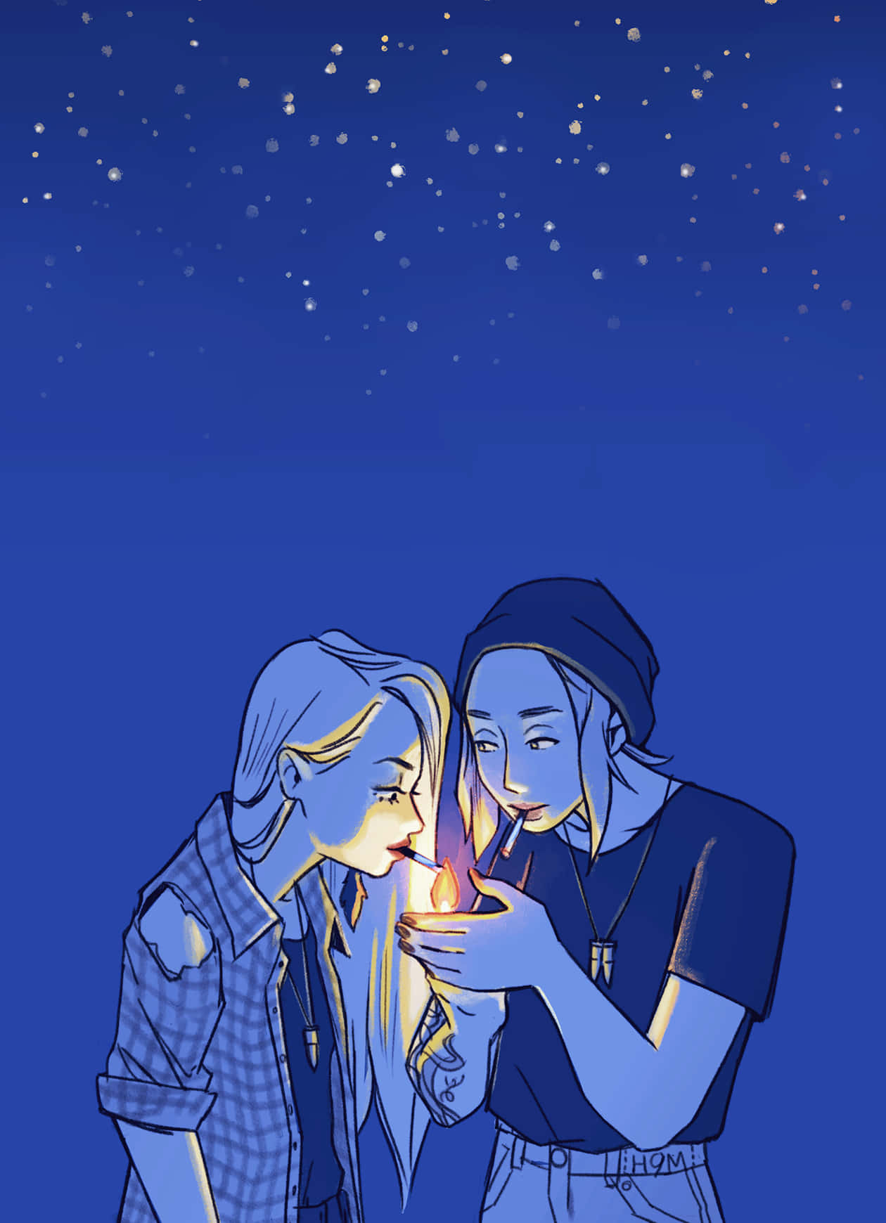 Lesbian Anime Couple Smoking Starry Sky Wallpaper