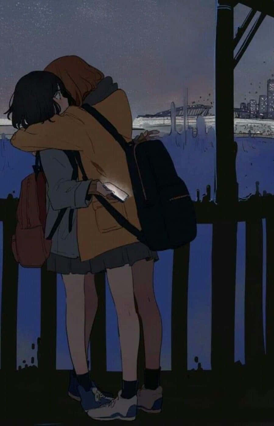 Lesbian Anime Hugging At Night Wallpaper
