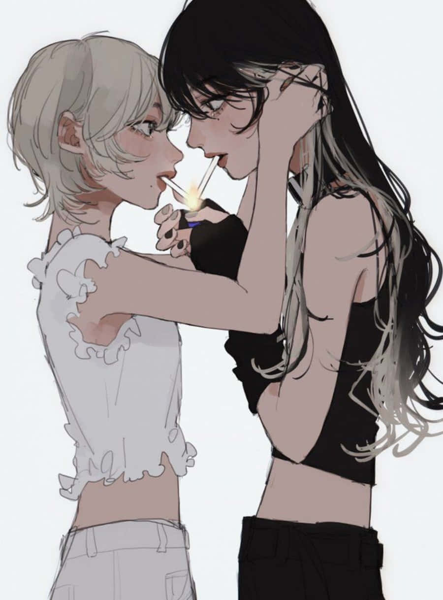 Two Lesbian Anime Characters Enjoying an Intimate Moment Wallpaper