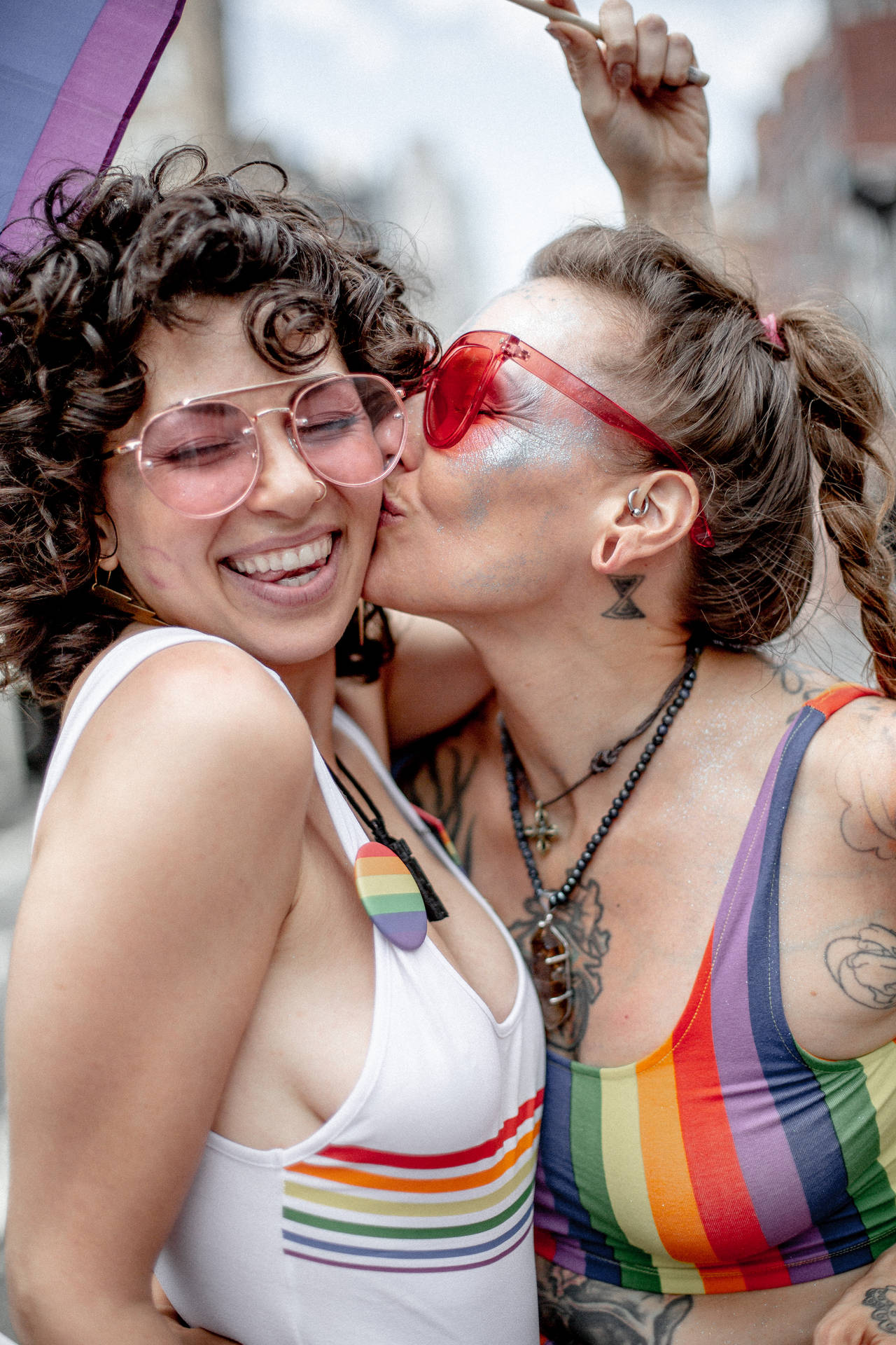Lesbian Couple Kiss In Face Background