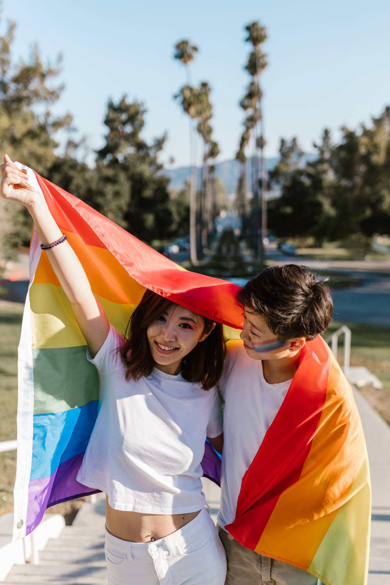 Parejade Chicas Lesbianas Con Bandera Fondo de pantalla