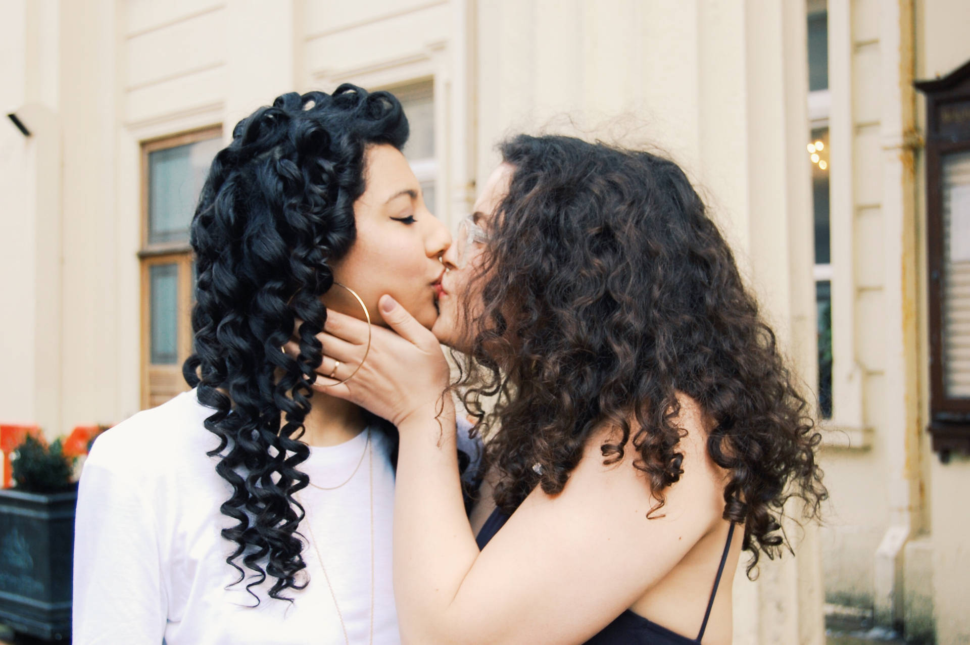 Lesbian Kissing In Street Background