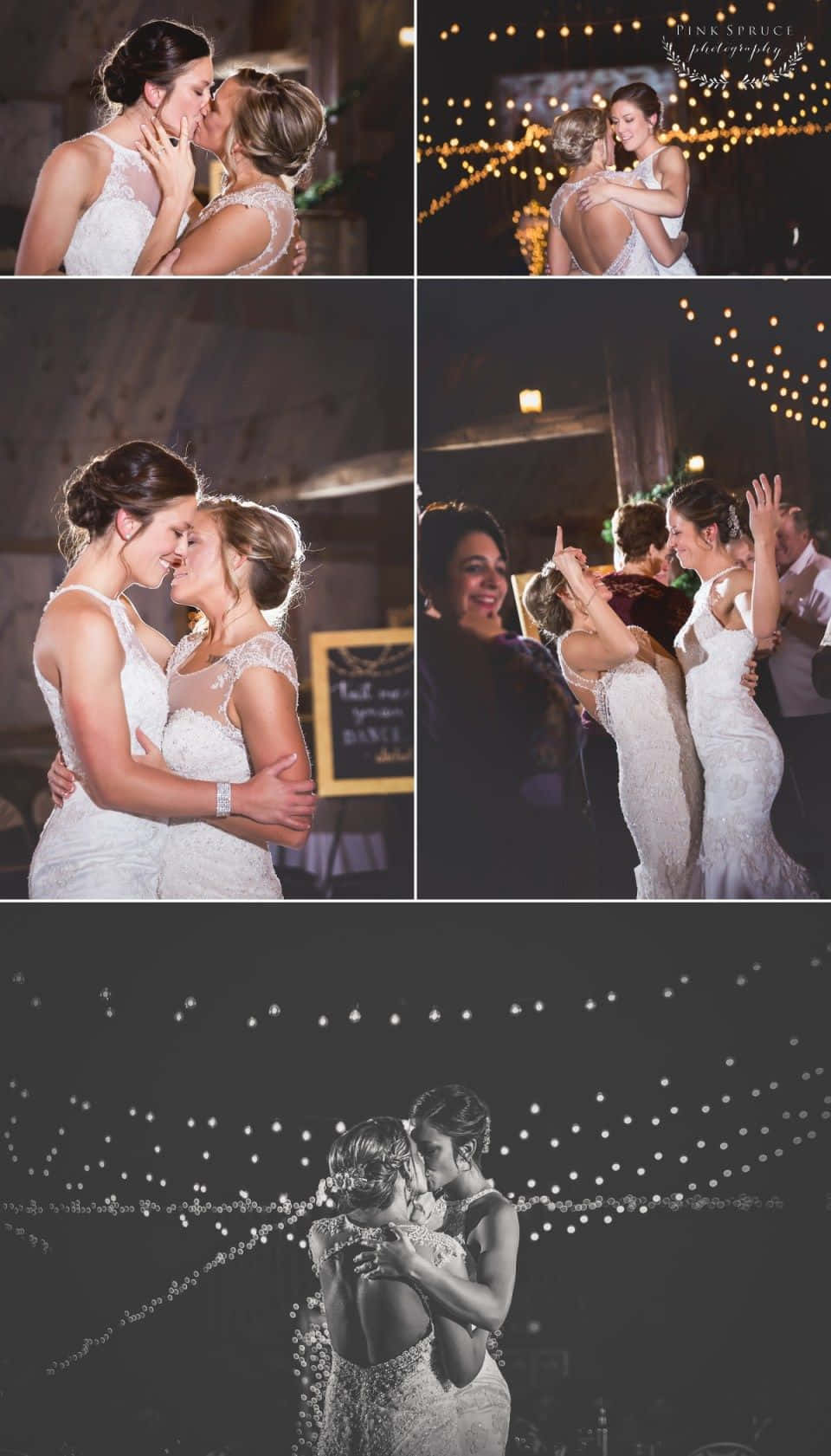 Einecollage Von Fotos Von Brautpaaren, Die Nachts Tanzen.