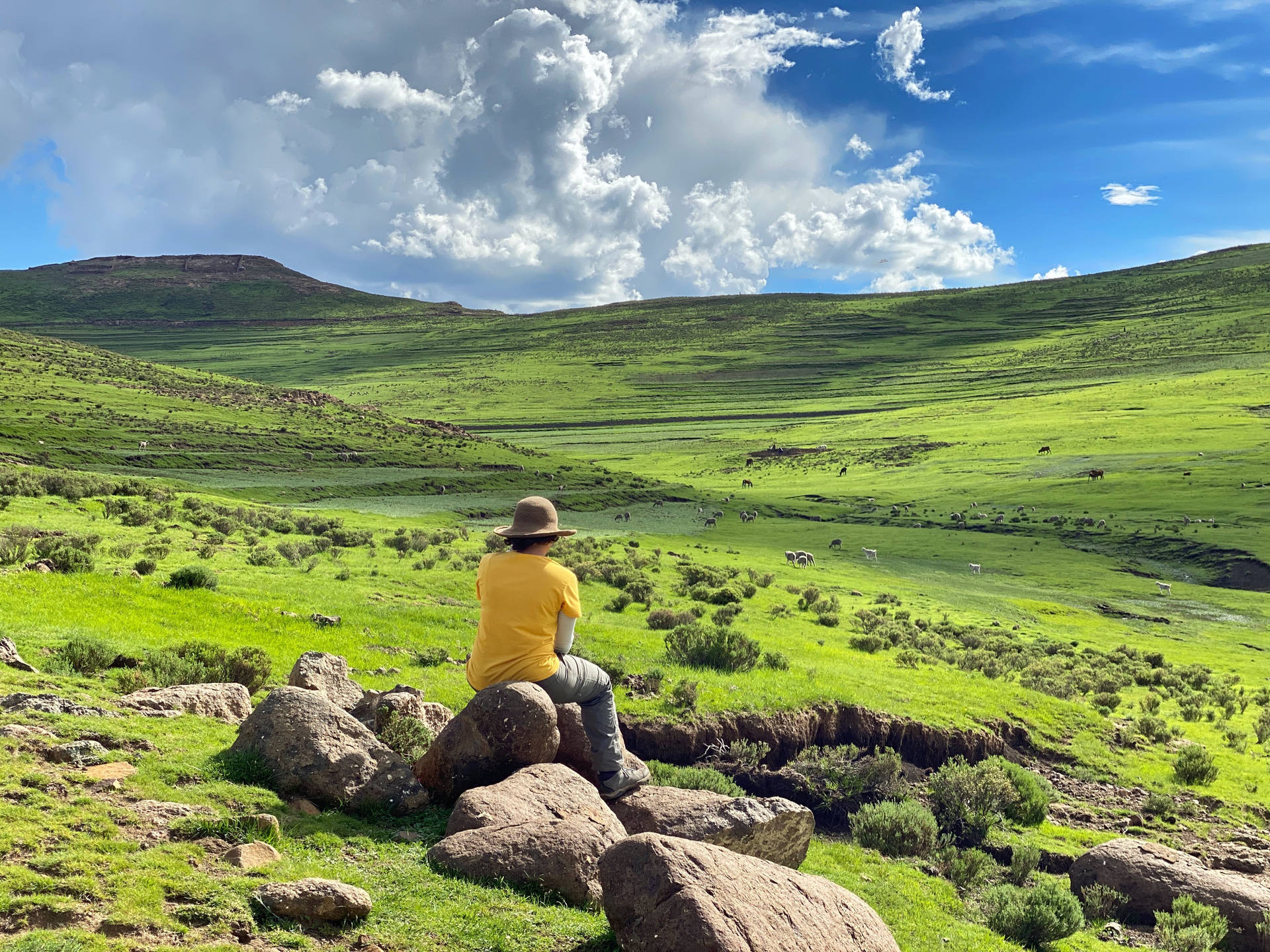 Pessoade Lesoto Em Planícies Gramadas Com Clima Nublado. Papel de Parede
