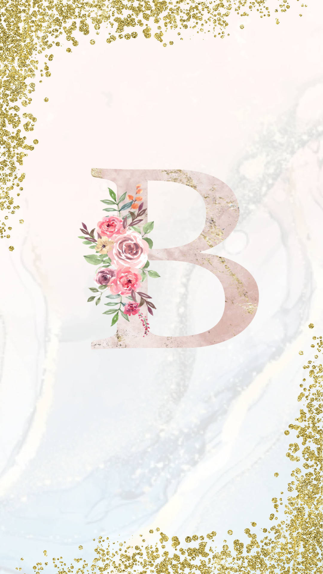 Letter B Floral Glitter