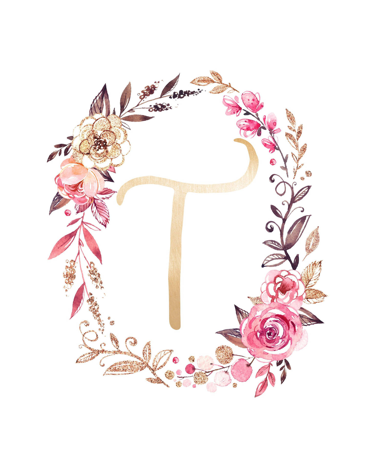 Letter T Floral Wreath Wallpaper