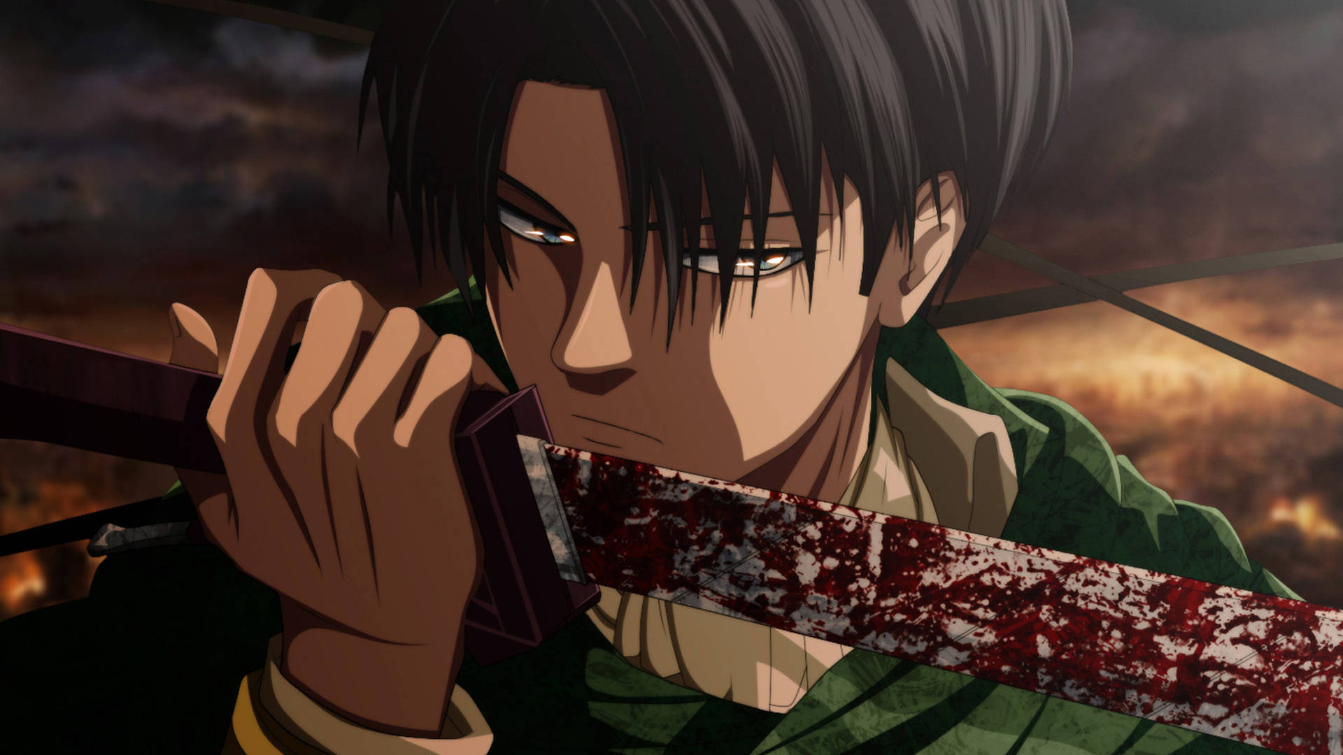 Levi Ackerman slashes at his foes with his prized sword. Wallpaper
