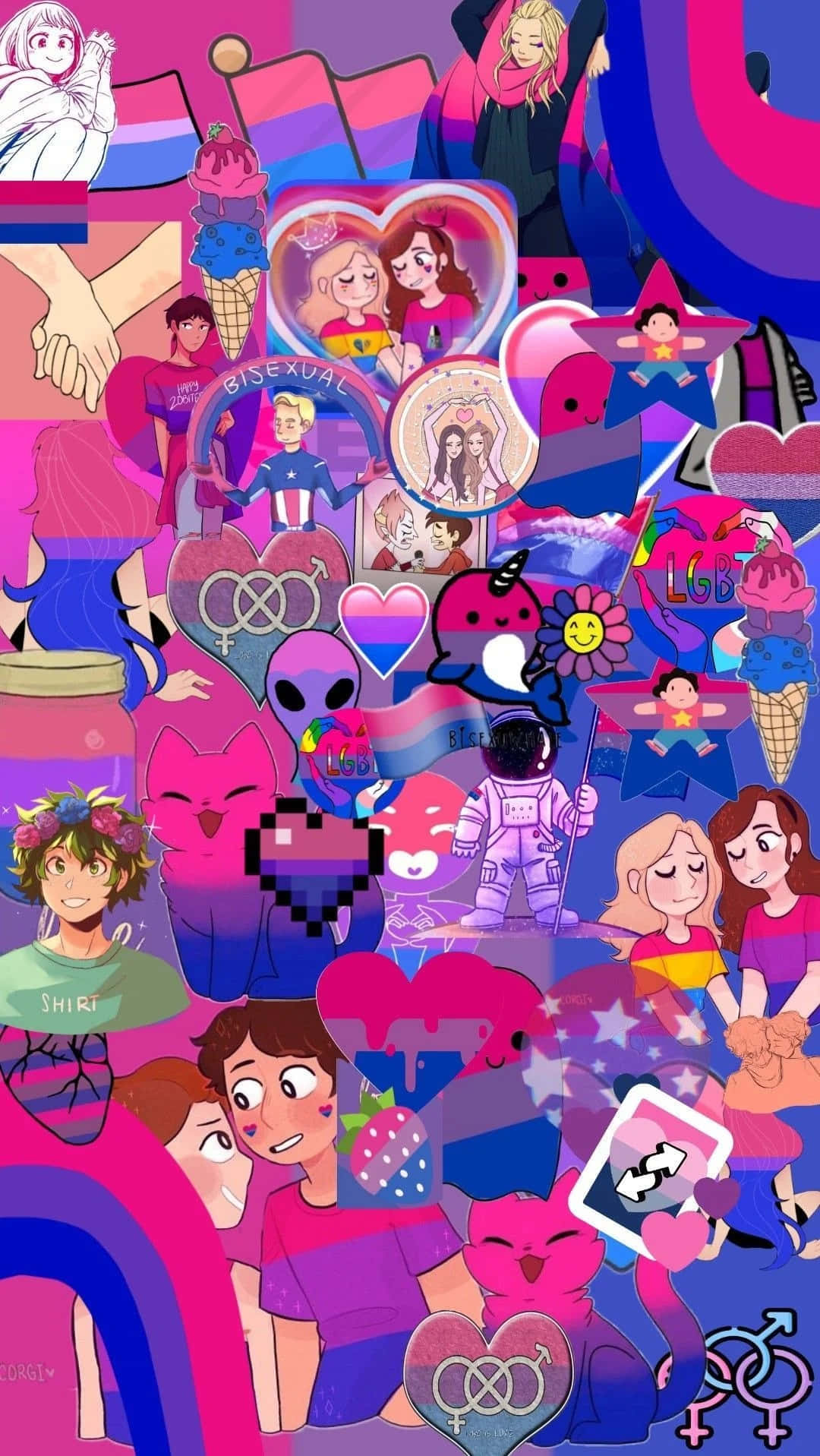 En collage af mennesker i pink og blå Wallpaper