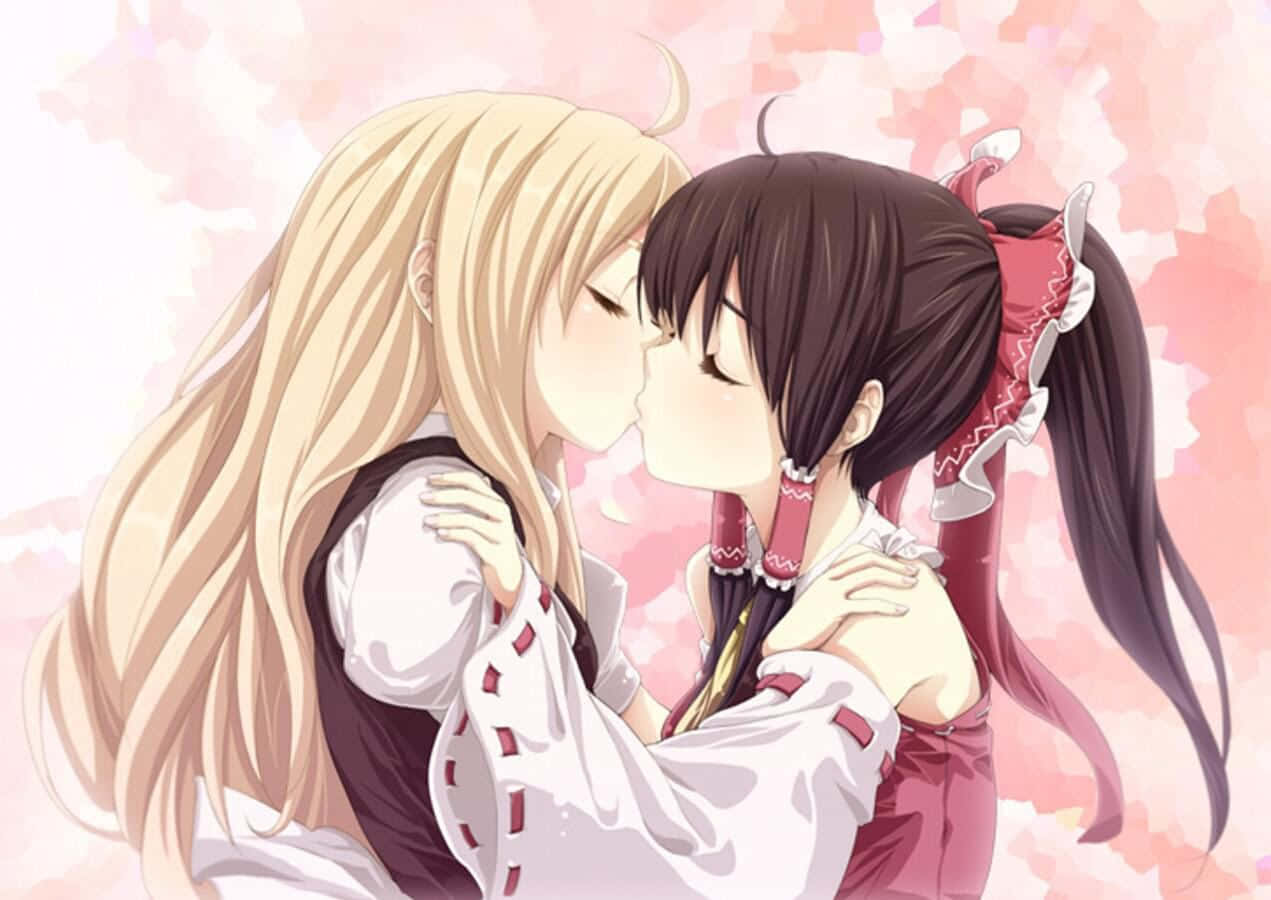 To anime-piger kysser foran et rosa baggrund. Wallpaper
