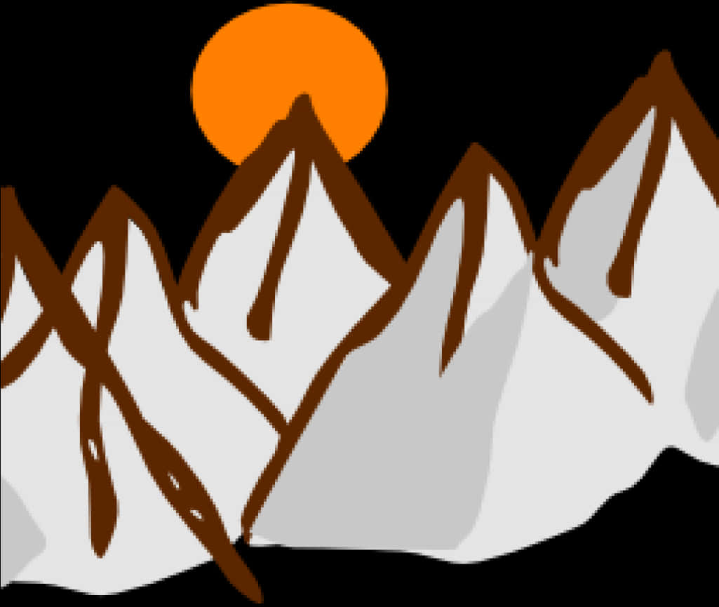 Cartoon mountains with snow and orange sun against black background