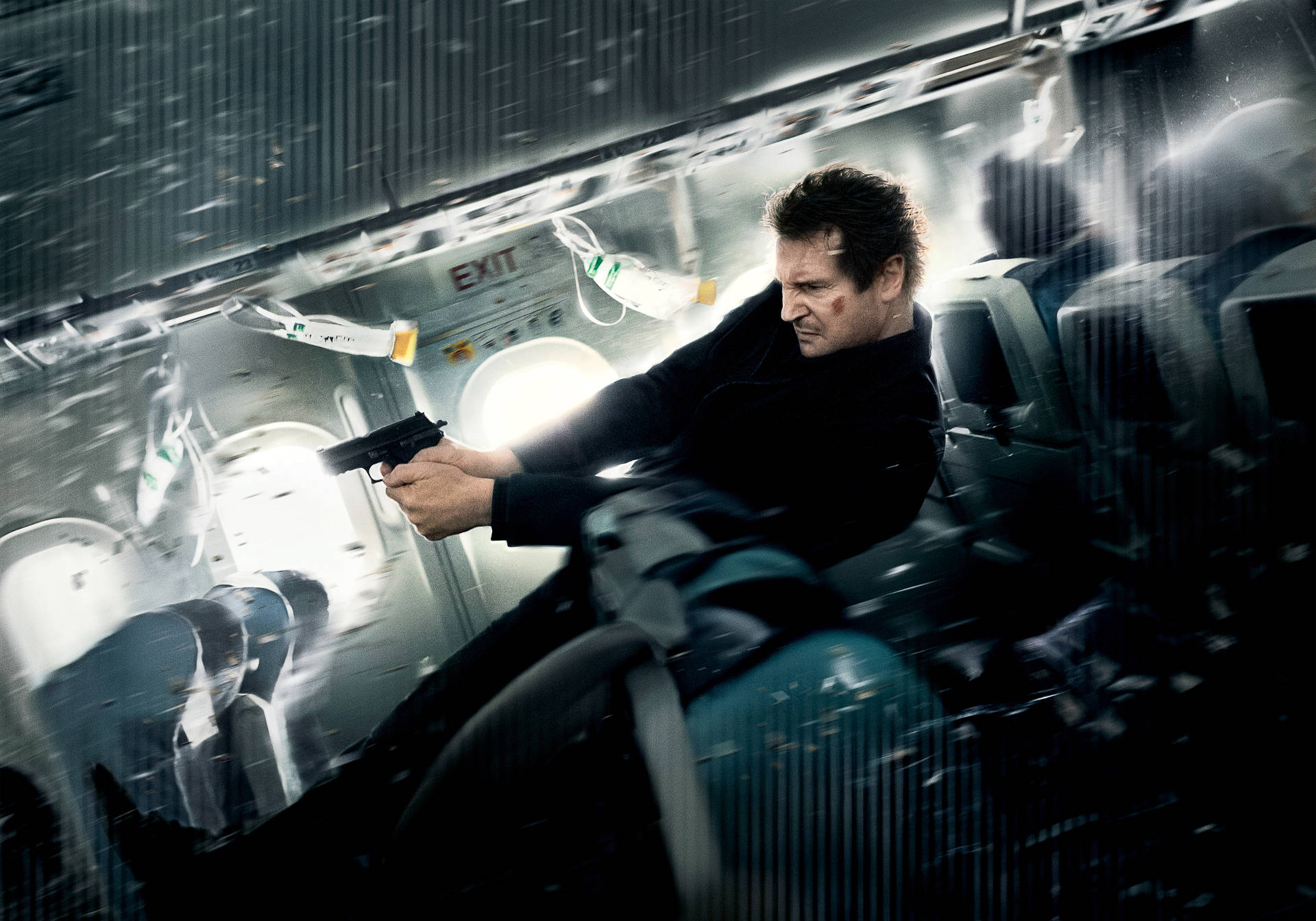 Film Non-stop Con Liam Neeson Nel Ruolo Di Bill Marks, L'eroe Armato A Bordo Dell'aereo Sfondo