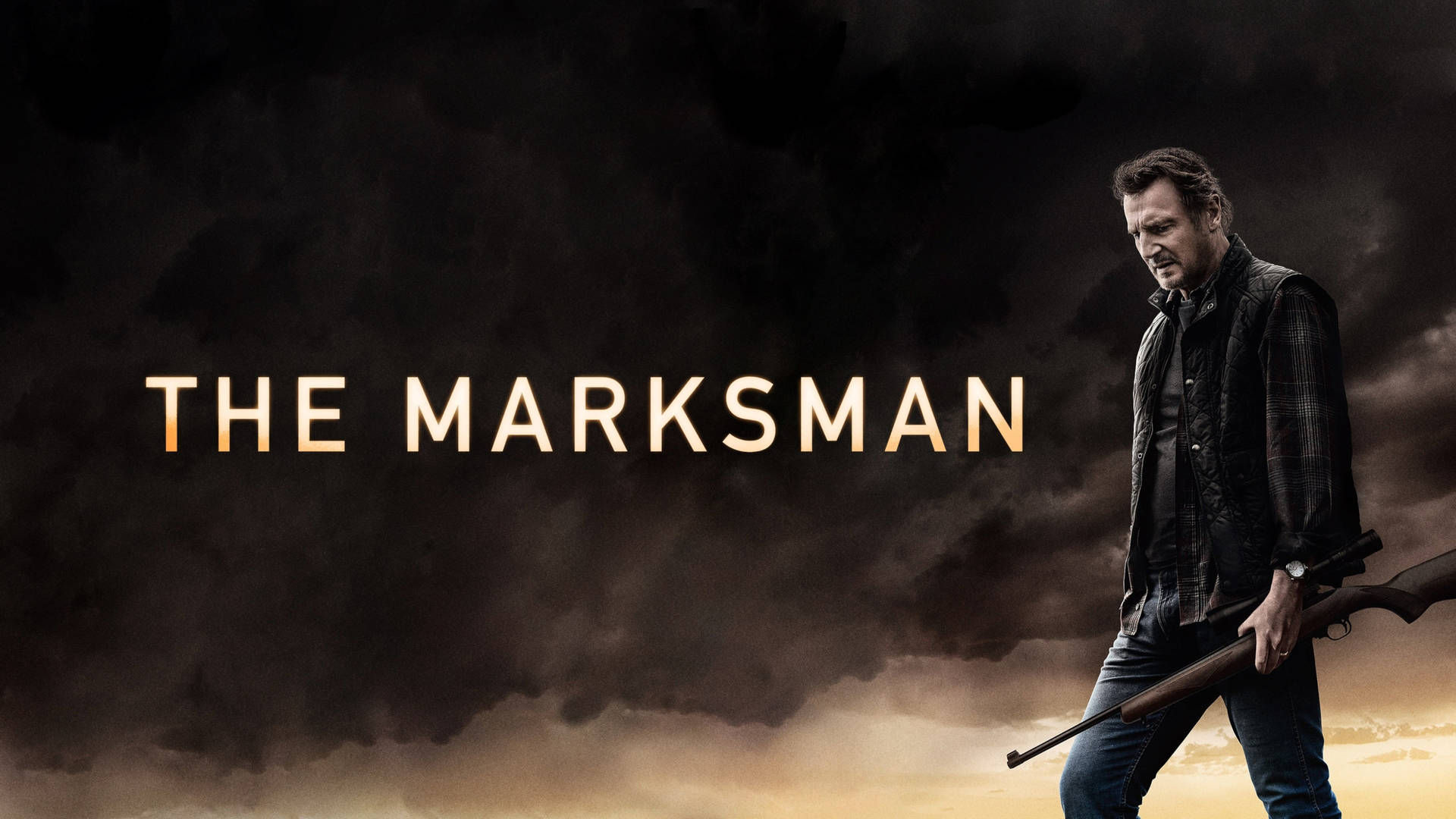 Liam Neeson Jim Hanson The Marksman Filmplakat Tapet: Lyset fra den berømte skuespillers ansigt i det nye actionthriller, The Marksman Wallpaper
