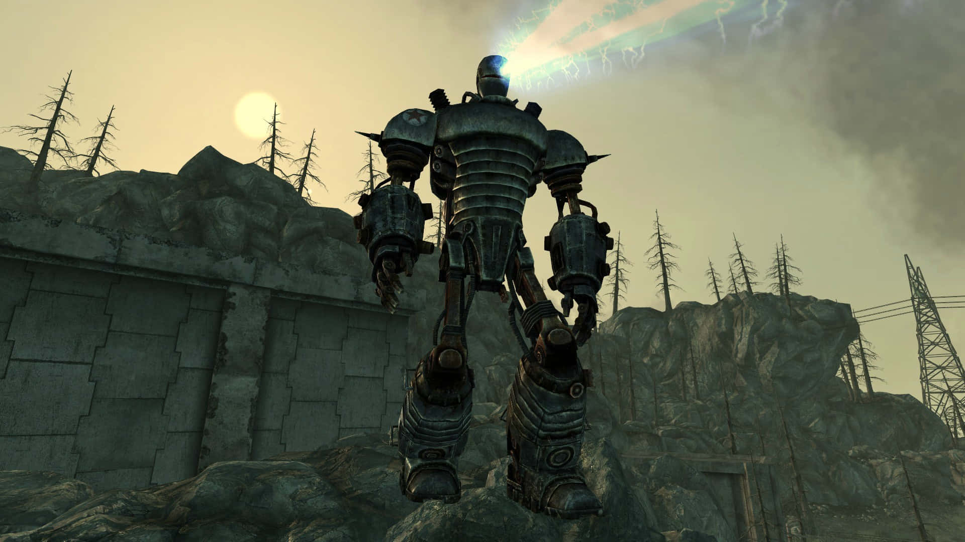 Liberty Prime, a symbol of power and freedom, standing tall against the backdrop of a post-apocalyptic world. Wallpaper