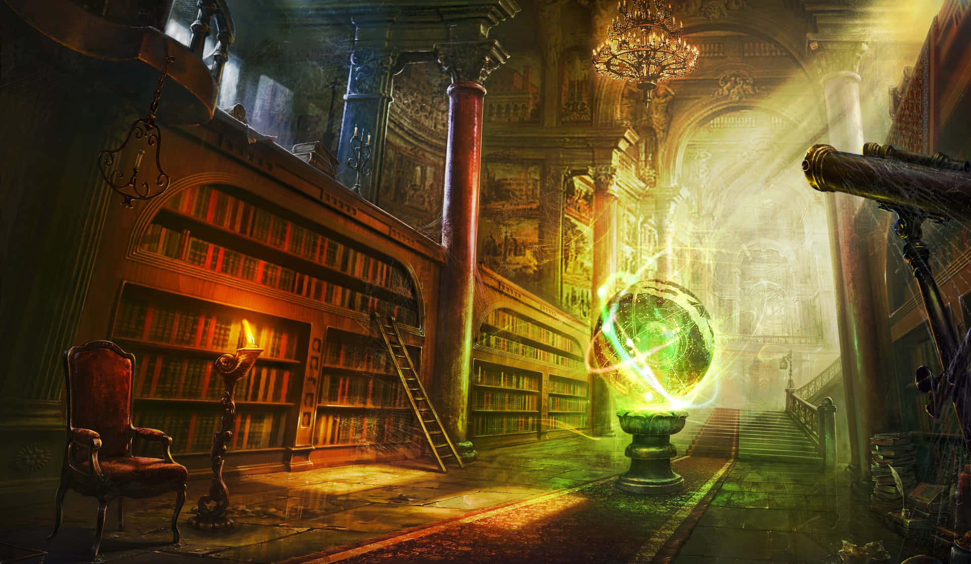 Glowing Green Orb At Library Background