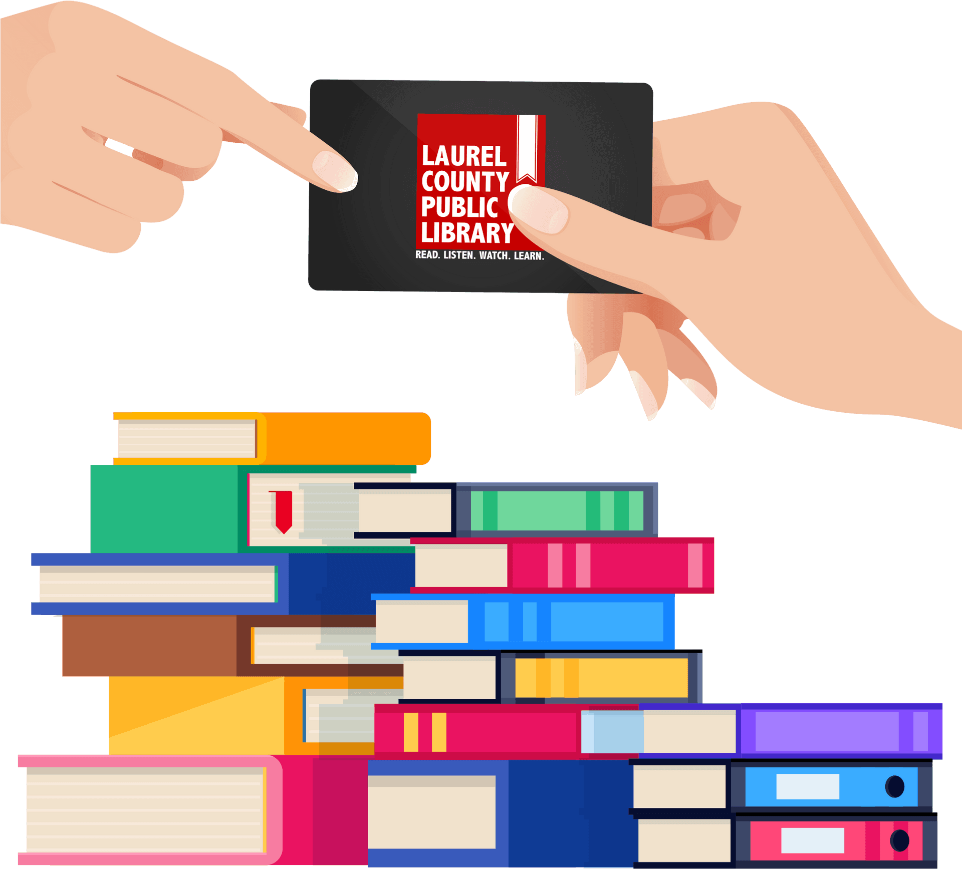 Library Card Handover Above Book Pile PNG