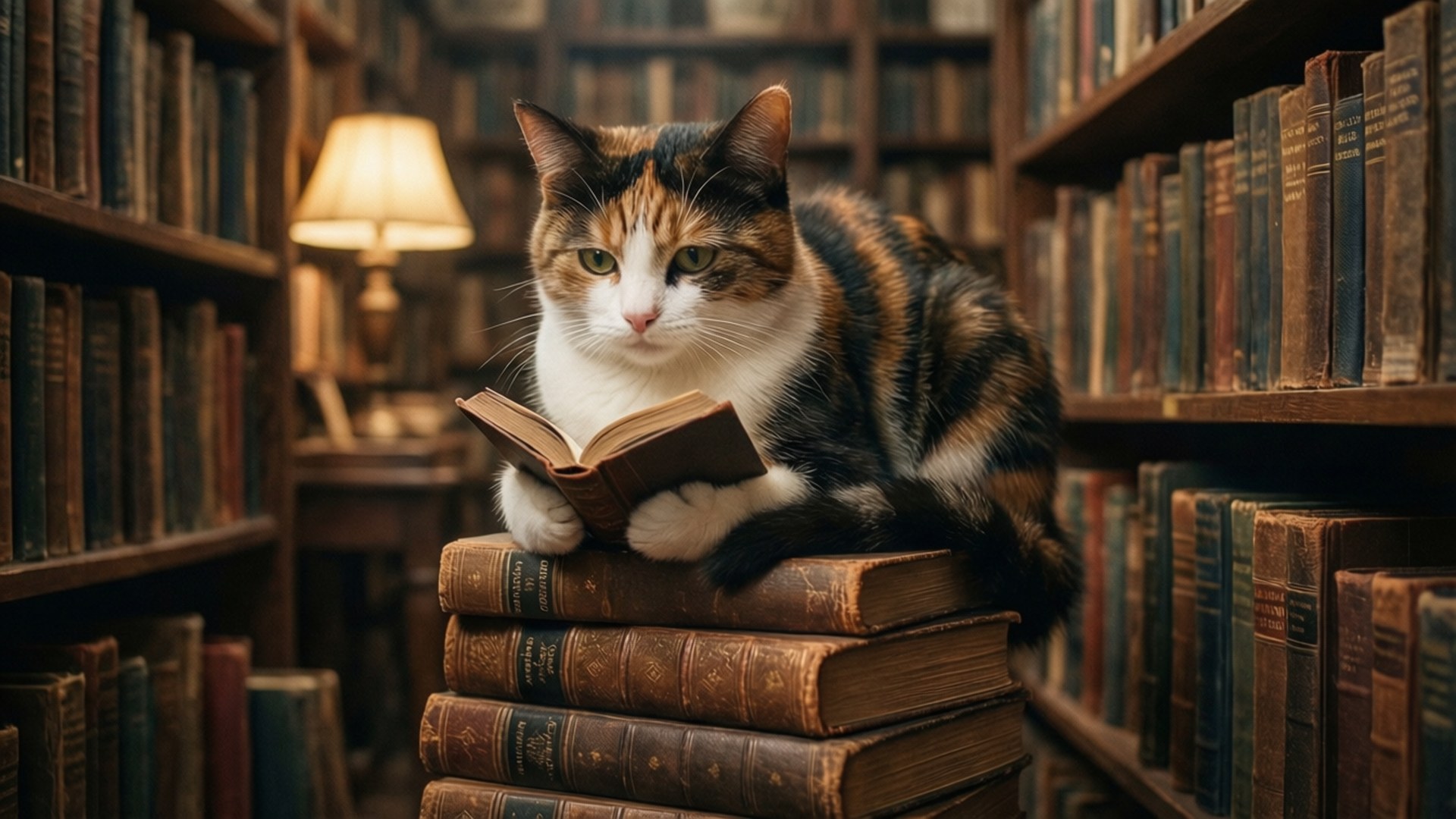 A calico cat perched on books in a cozy library.