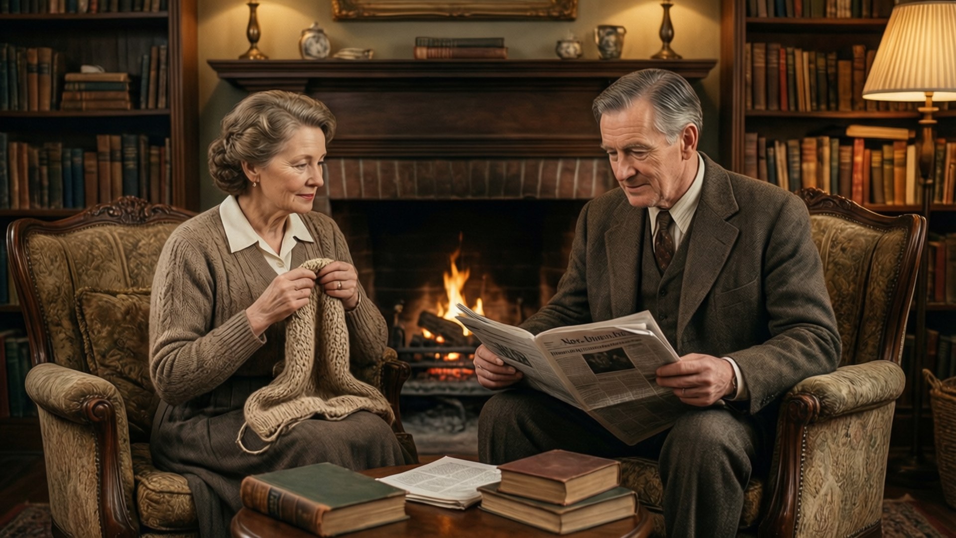 A vintage couple spends a cozy evening by the fireplace in a library, knitting and reading.