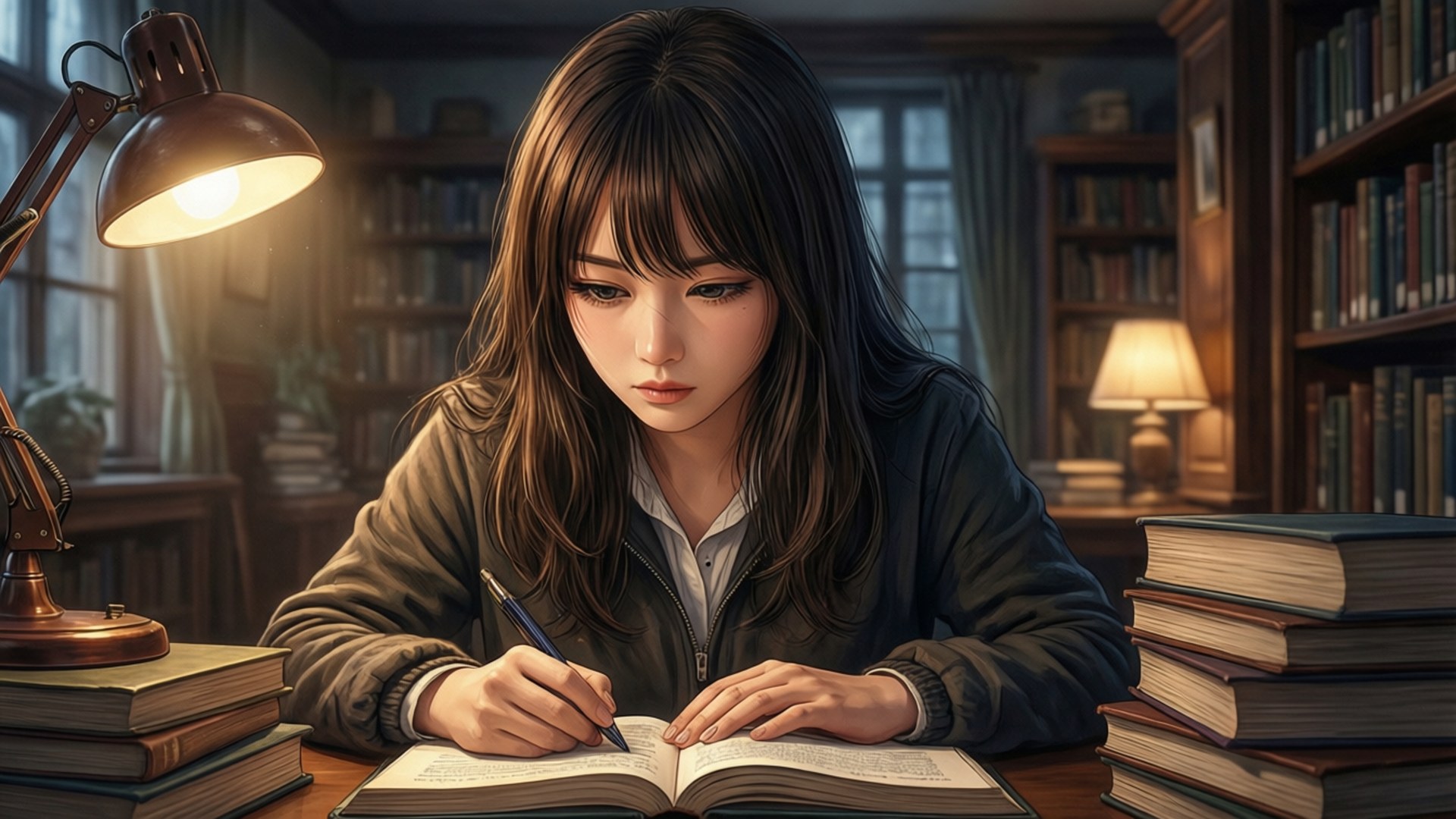 Sumire Kanou konsentrerer seg om studiene i biblioteket.