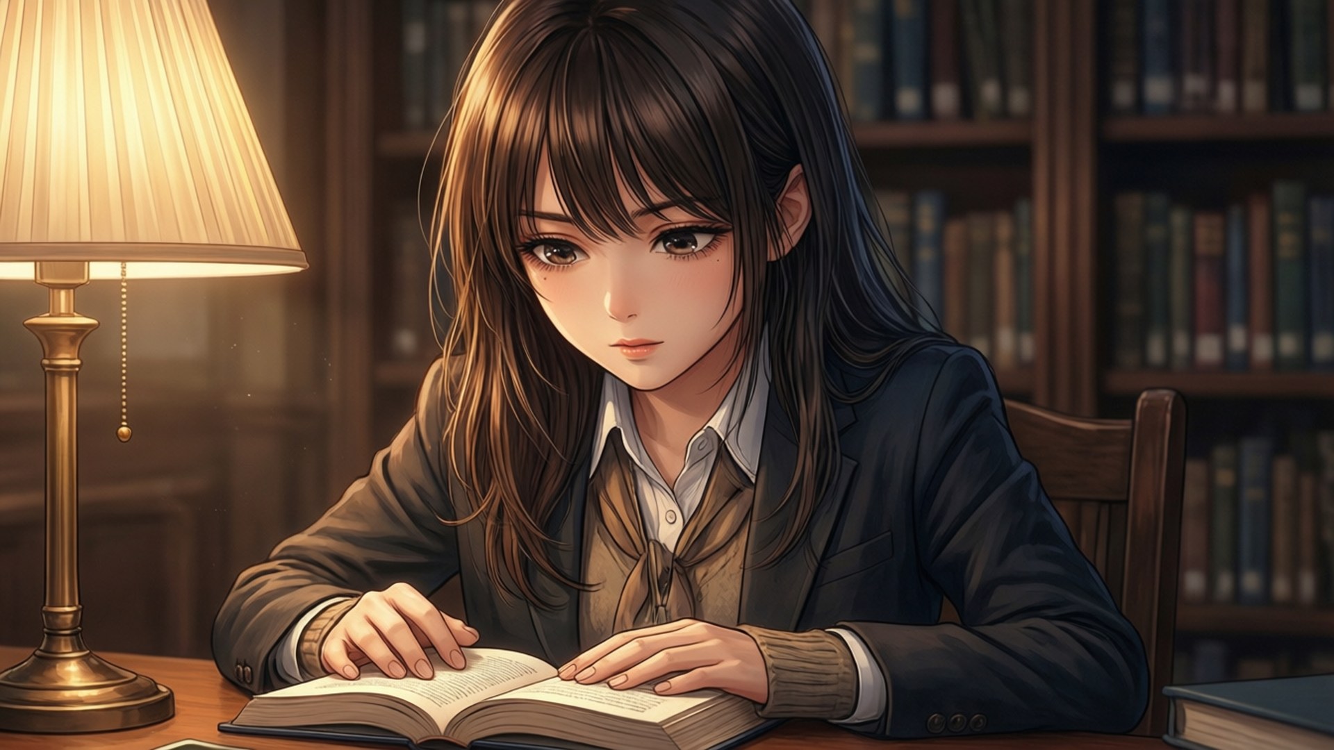 Sumire Kanou læser intenst i et stille bibliotek, badet i varmt lampelys.