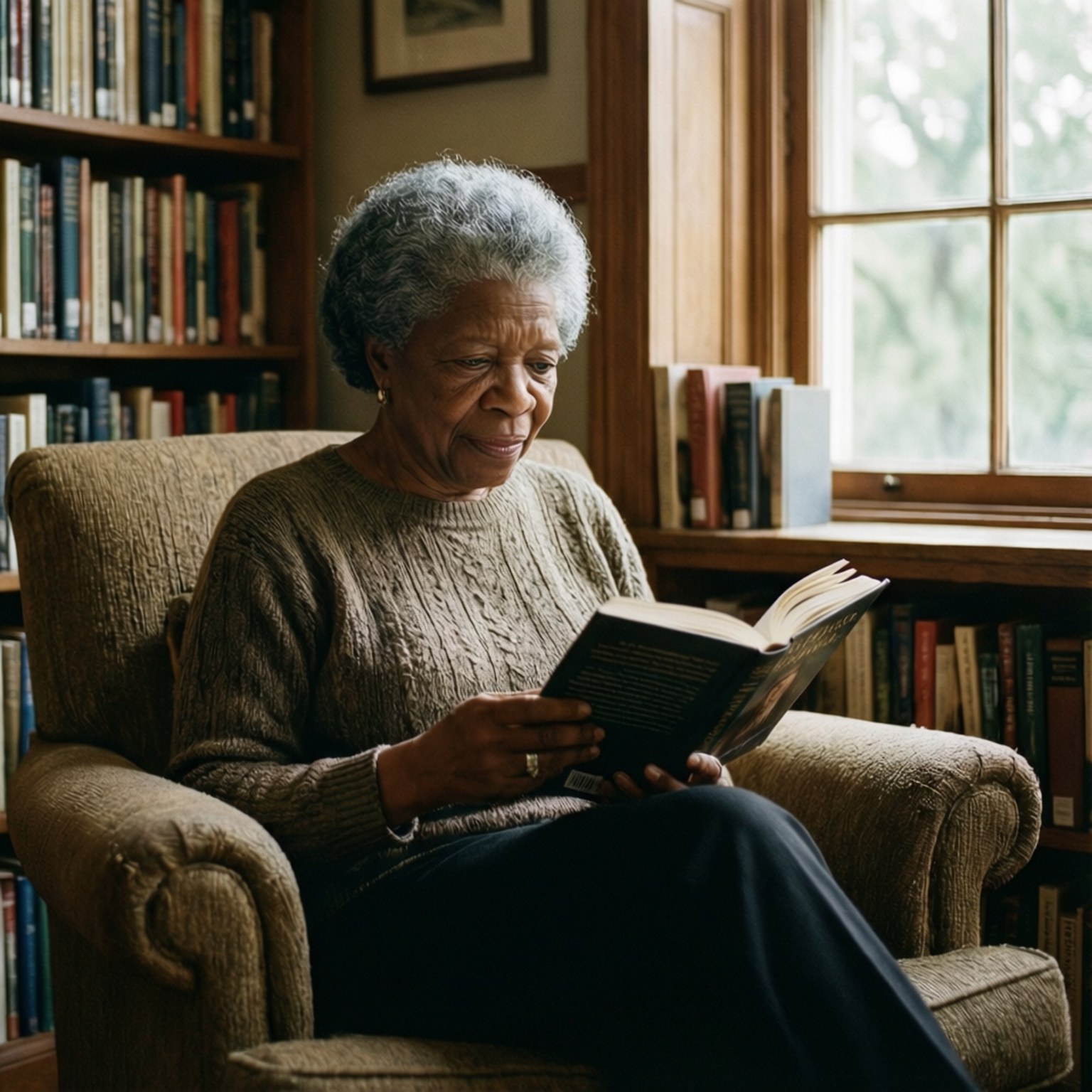 An elderly woman reading a book in a cozy armchair by a window surrounded by bookshelves. wallpaper