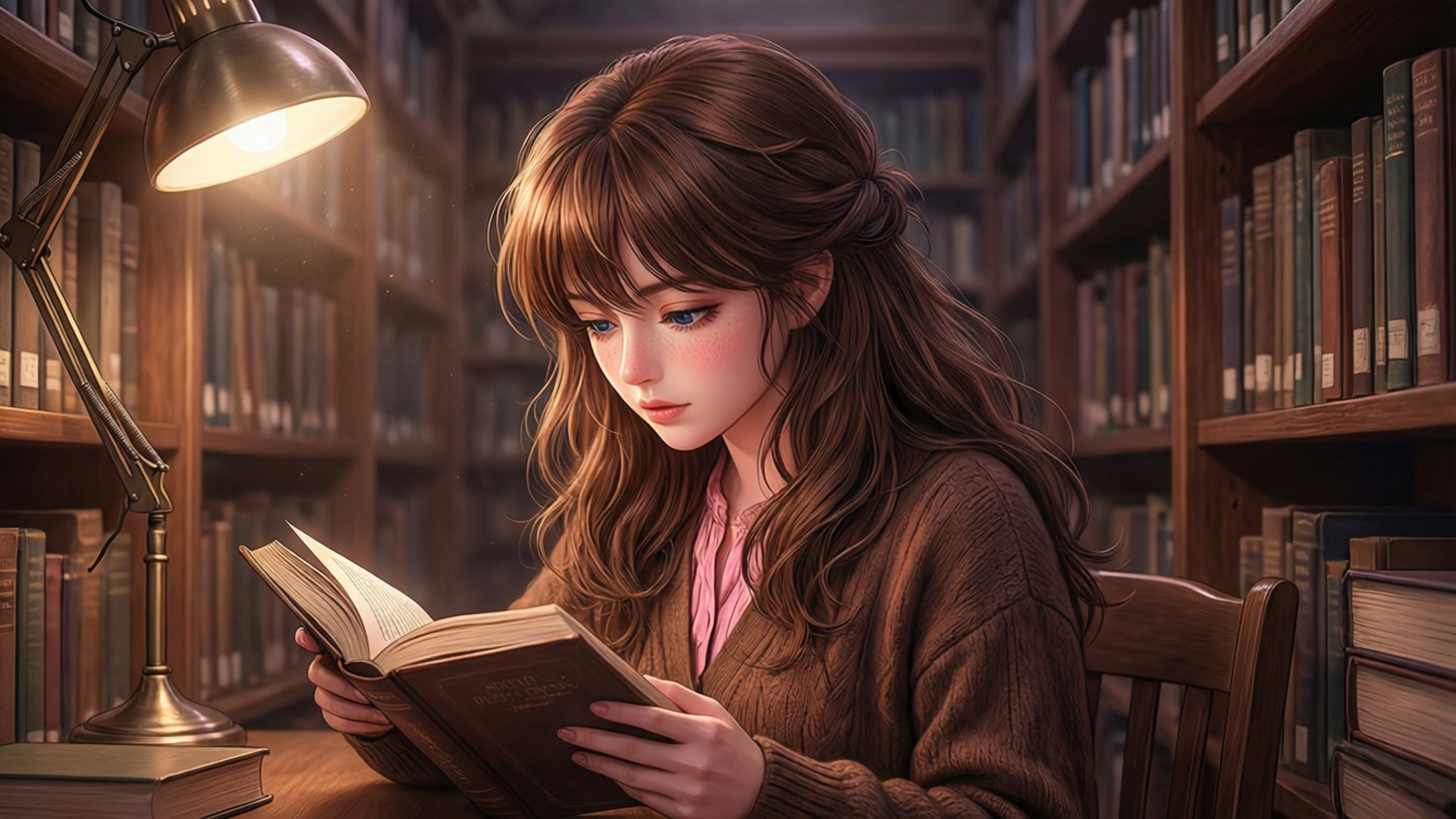 Tina Sprout leser på et bibliotek med varmt lys.