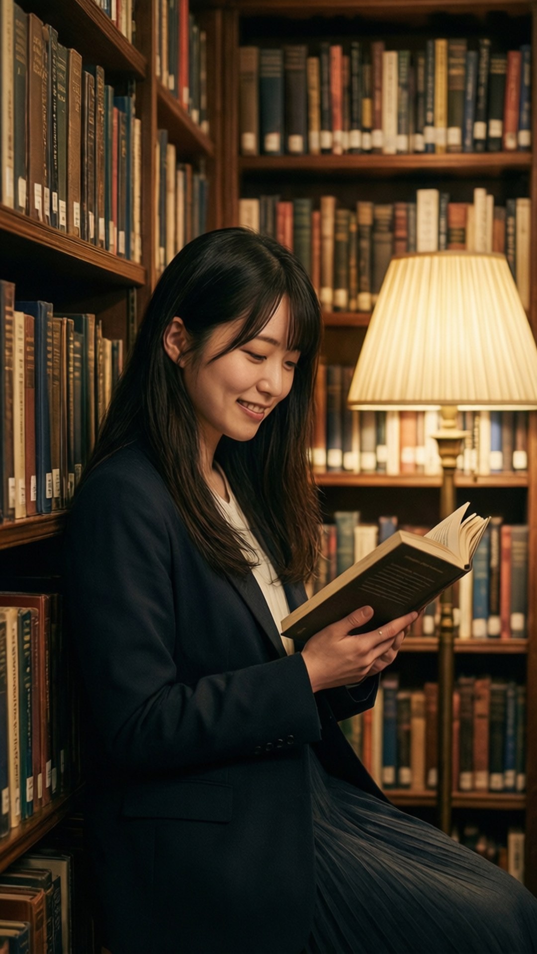 Young woman reading book in warmly lit library surrounded by bookshelves.