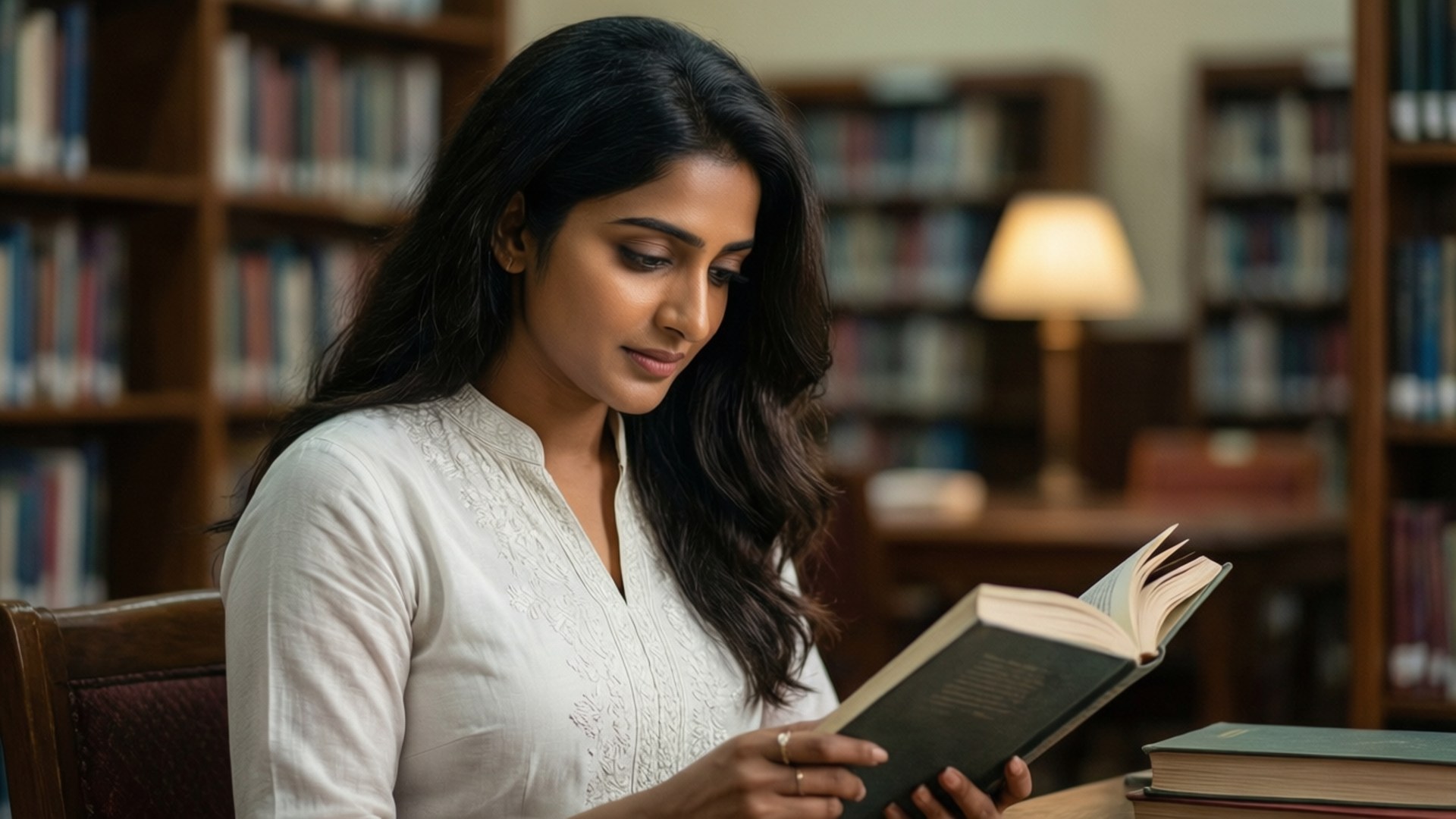 Rashmika Mandanna leser bok i bibliotek, rolig studiestemning