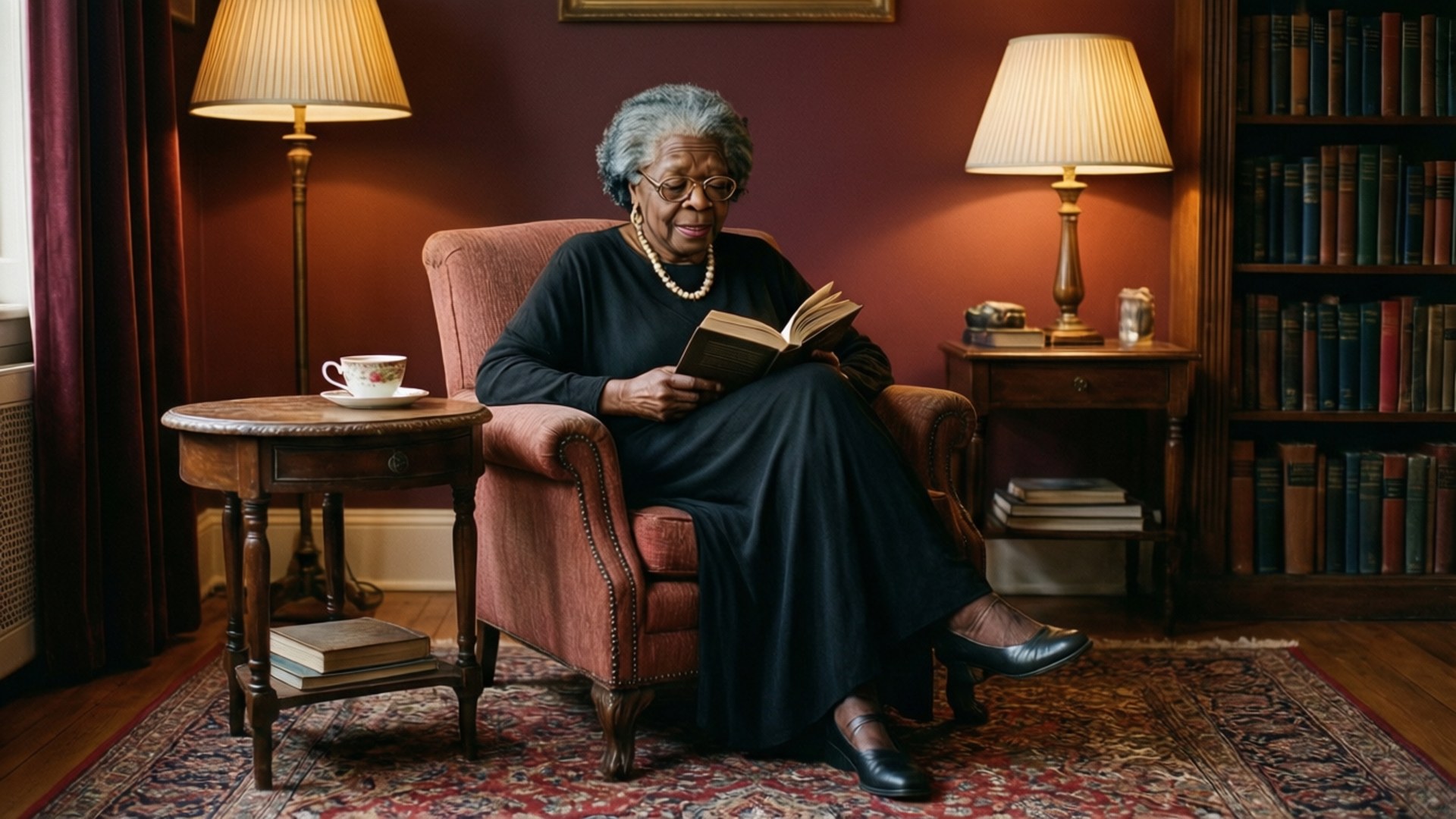 Maya Angelou nyter et stille øyeblikk med lesing på et bibliotek.
