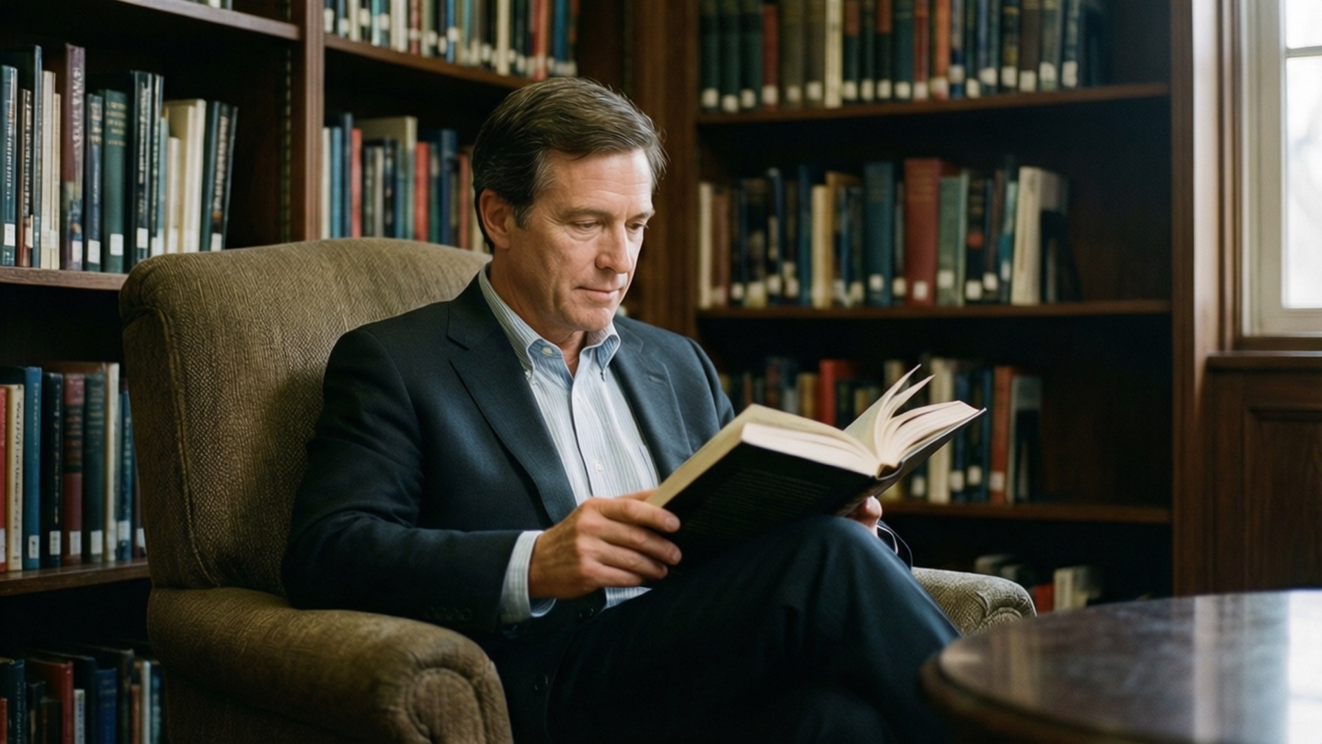 Evan Bayh reading a book in a library, deep in thought.
