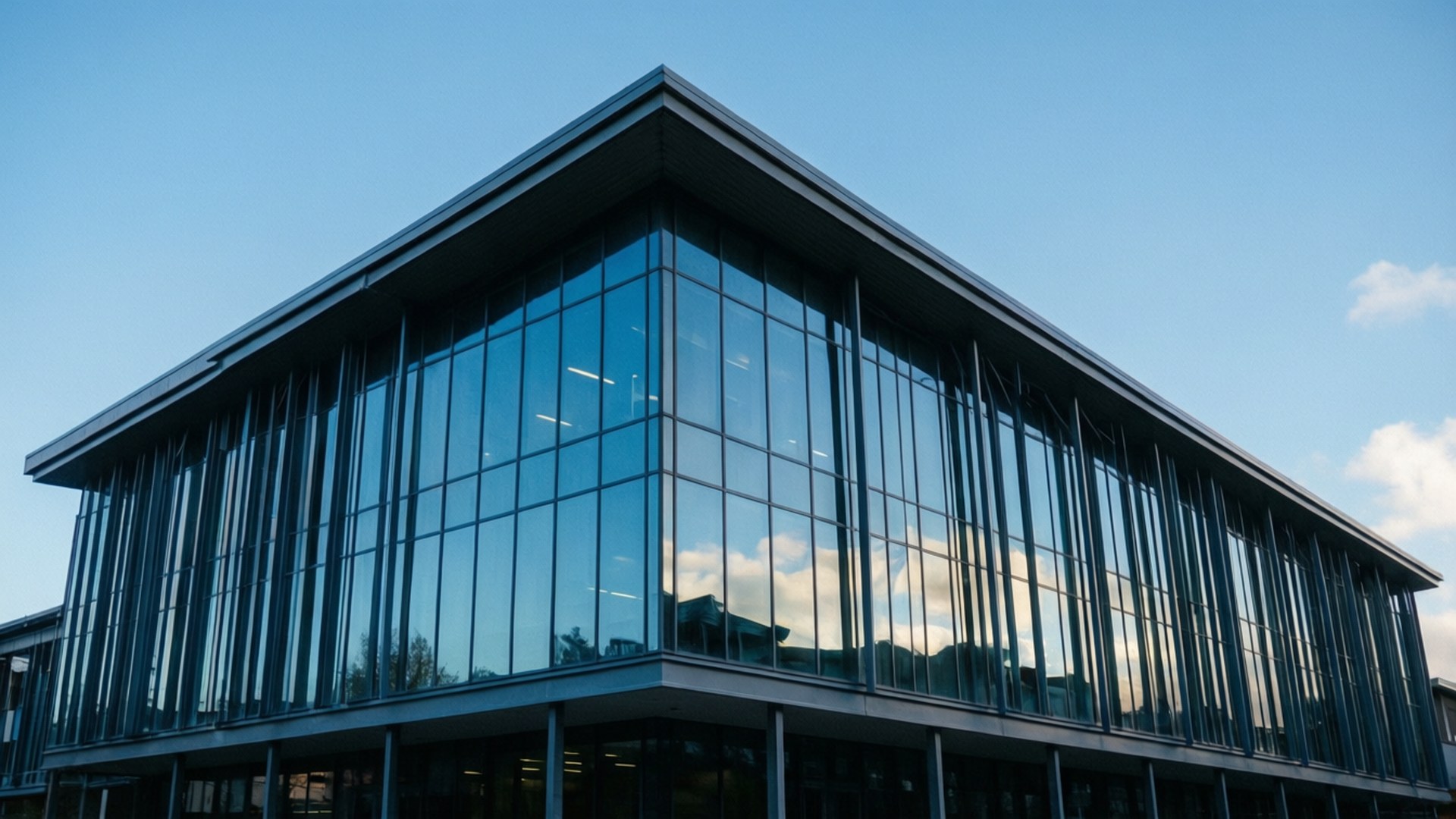 Bibliothèque moderne en verre à Palmerston North avec des reflets du ciel et des lignes géométriques