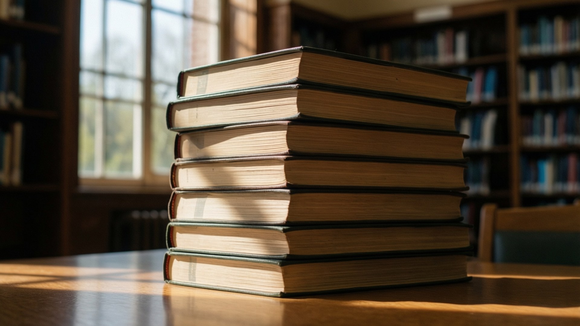 Ordböcker staplade i ett soligt bibliotek.