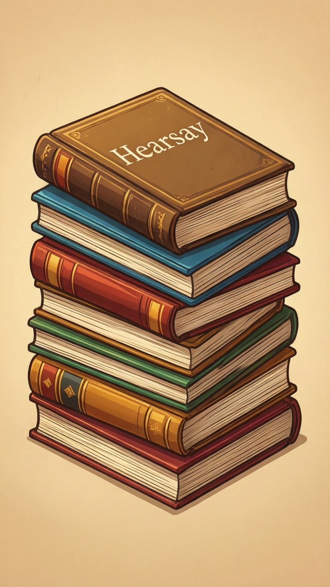 Kleurrijke boekenstapel met Hearsay-titel, gezellige bibliotheeksfeer op beige.
