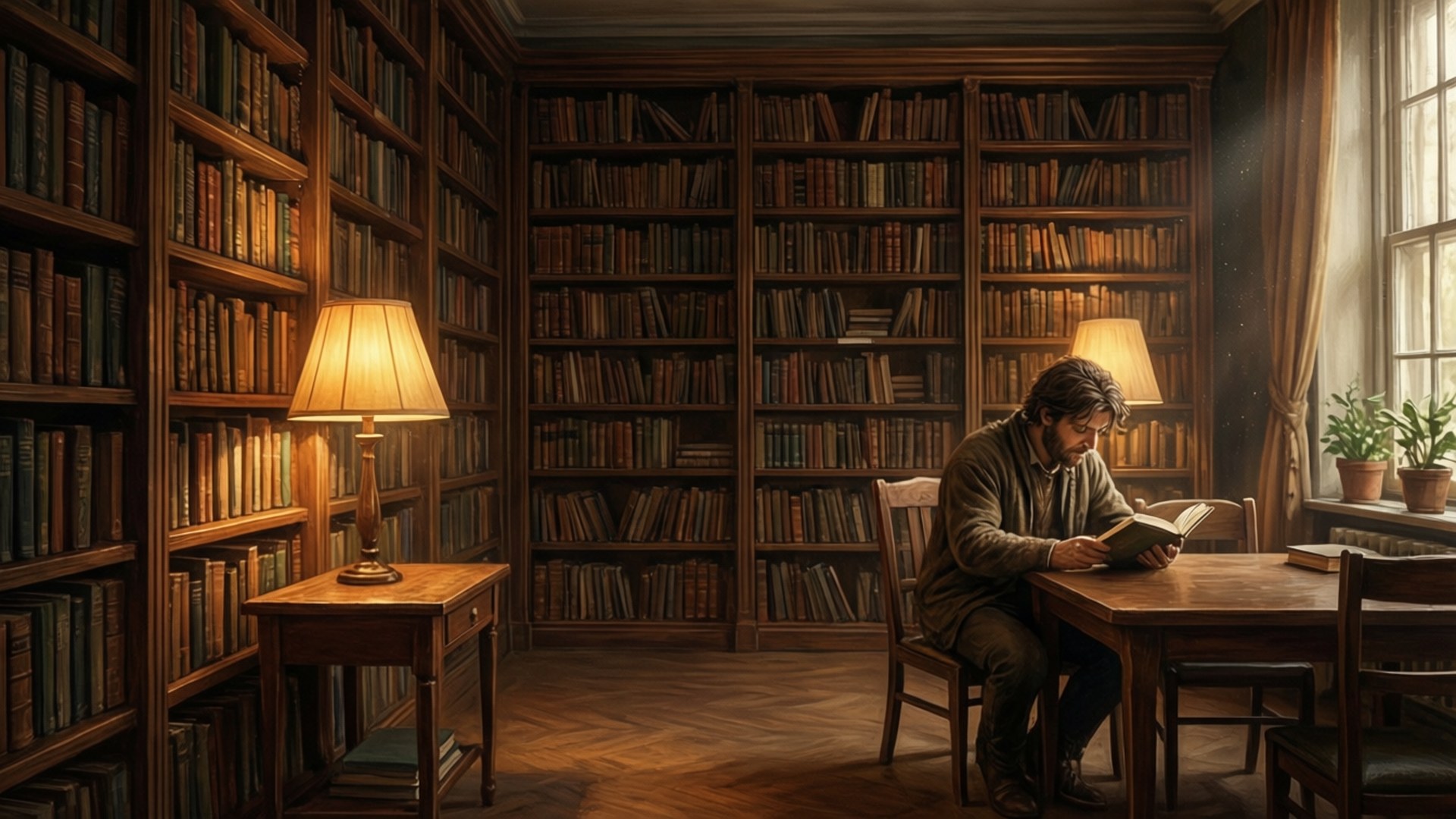 Niko læser i det hyggelige bibliotek med høje reoler