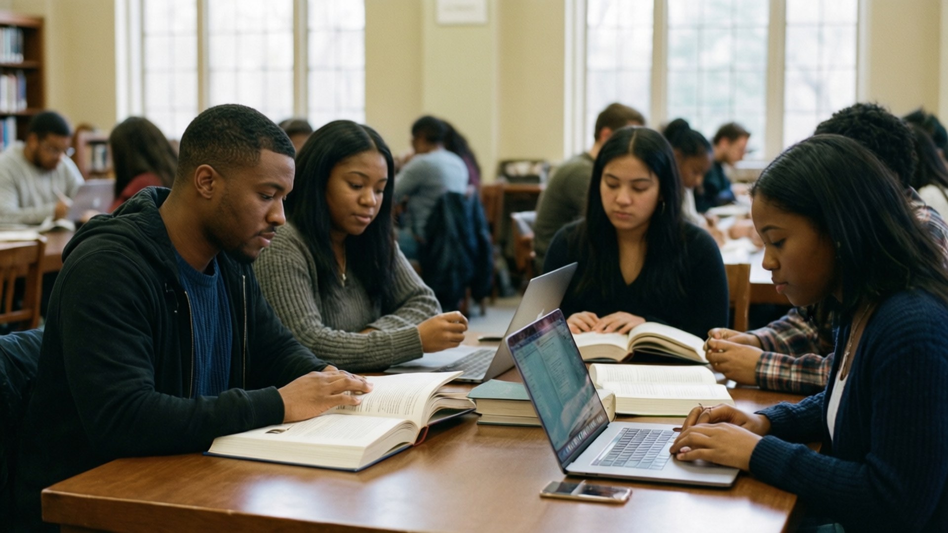 Students studying inside Founders Library at Howard University.