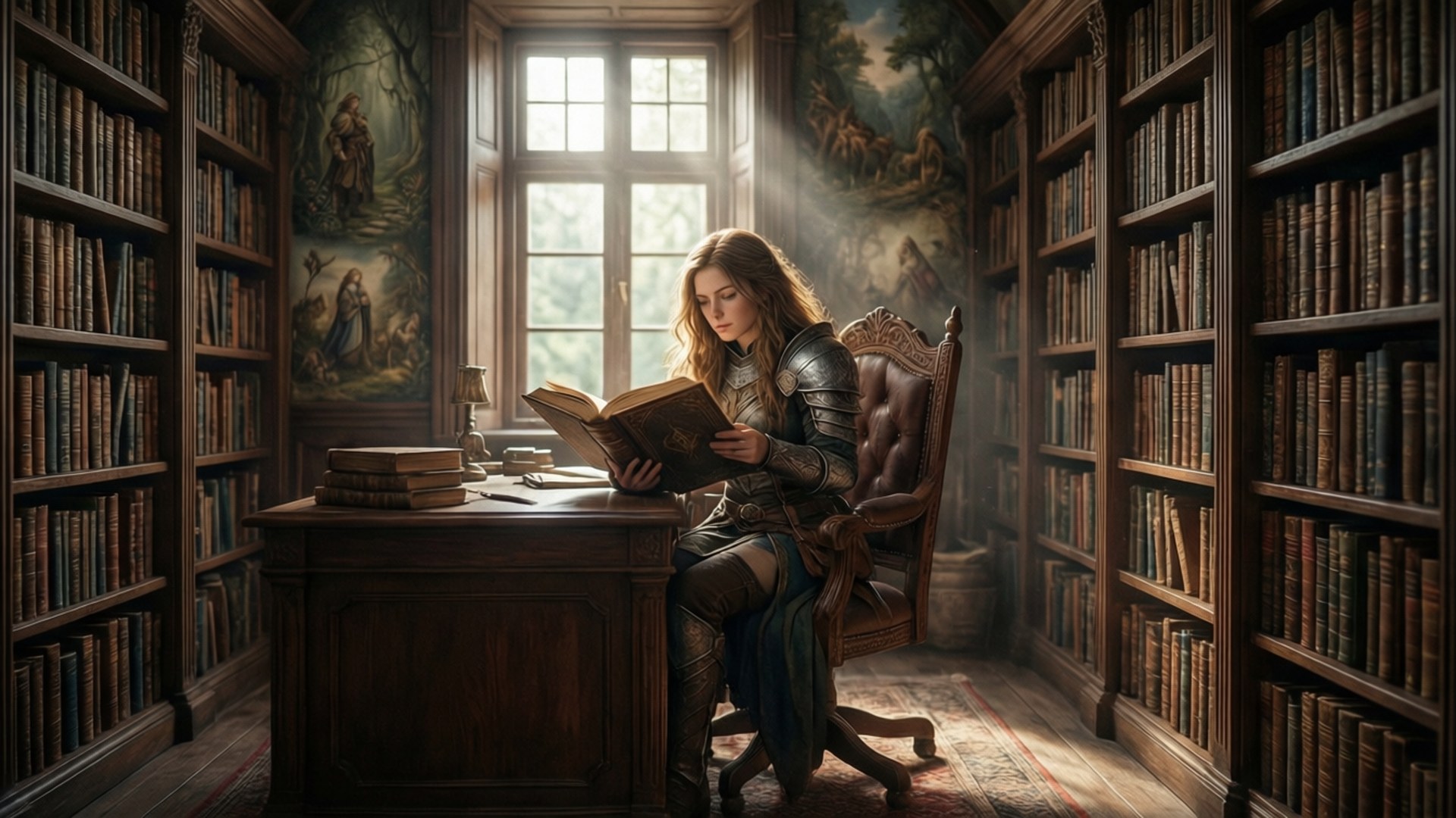 Guild Girl studerar i ett fantasy-bibliotek