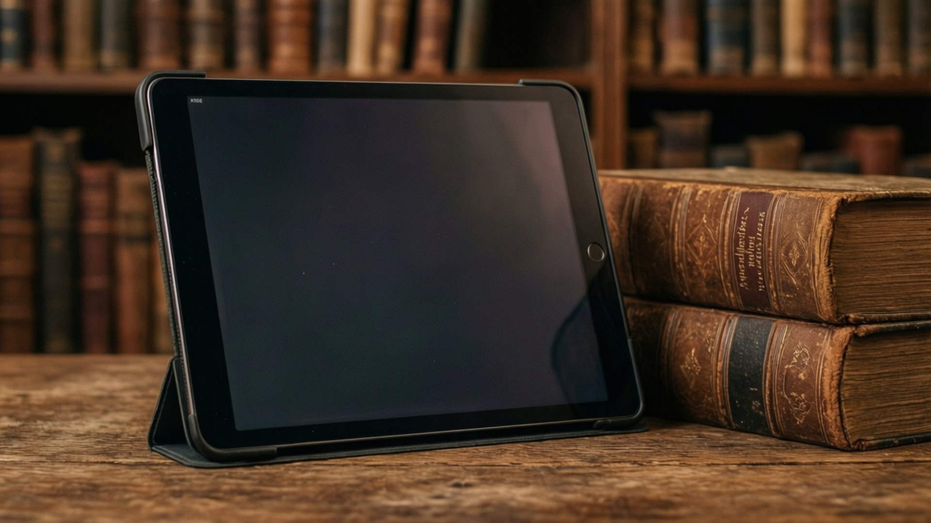 Tablet i biblioteket Wallpapers — En tablet blandt gamle bøger på et bibliotek.