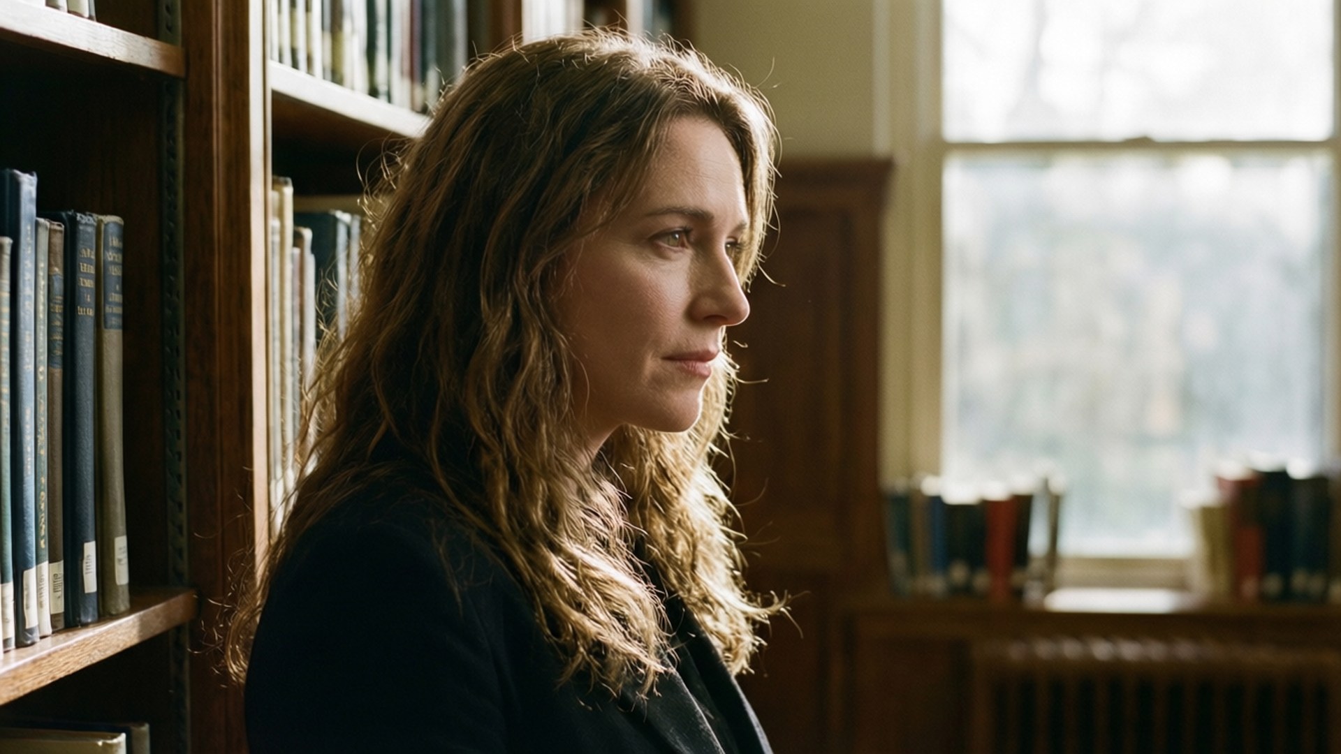 Ellie Nash tussen boekenplanken, verdiept in gedachten.