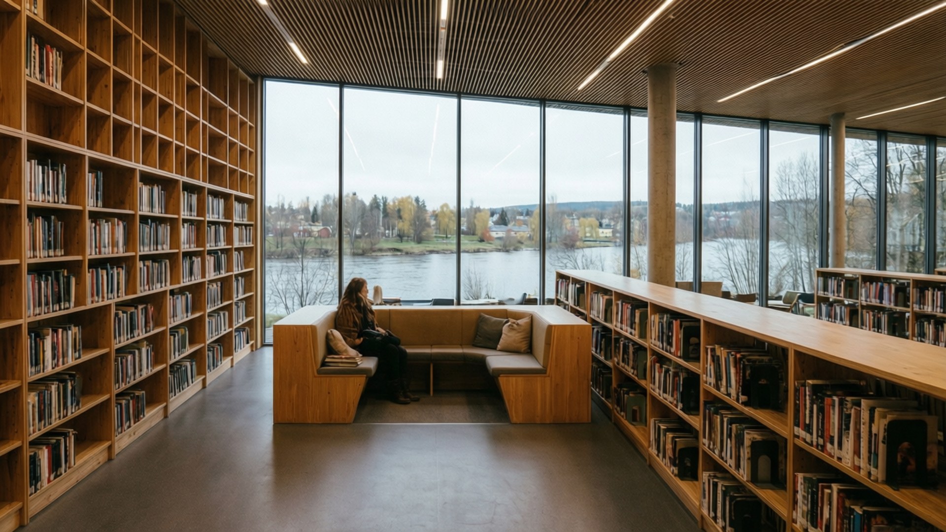 Interiør fra Sarpsborg bibliotek med utsikt over elven.