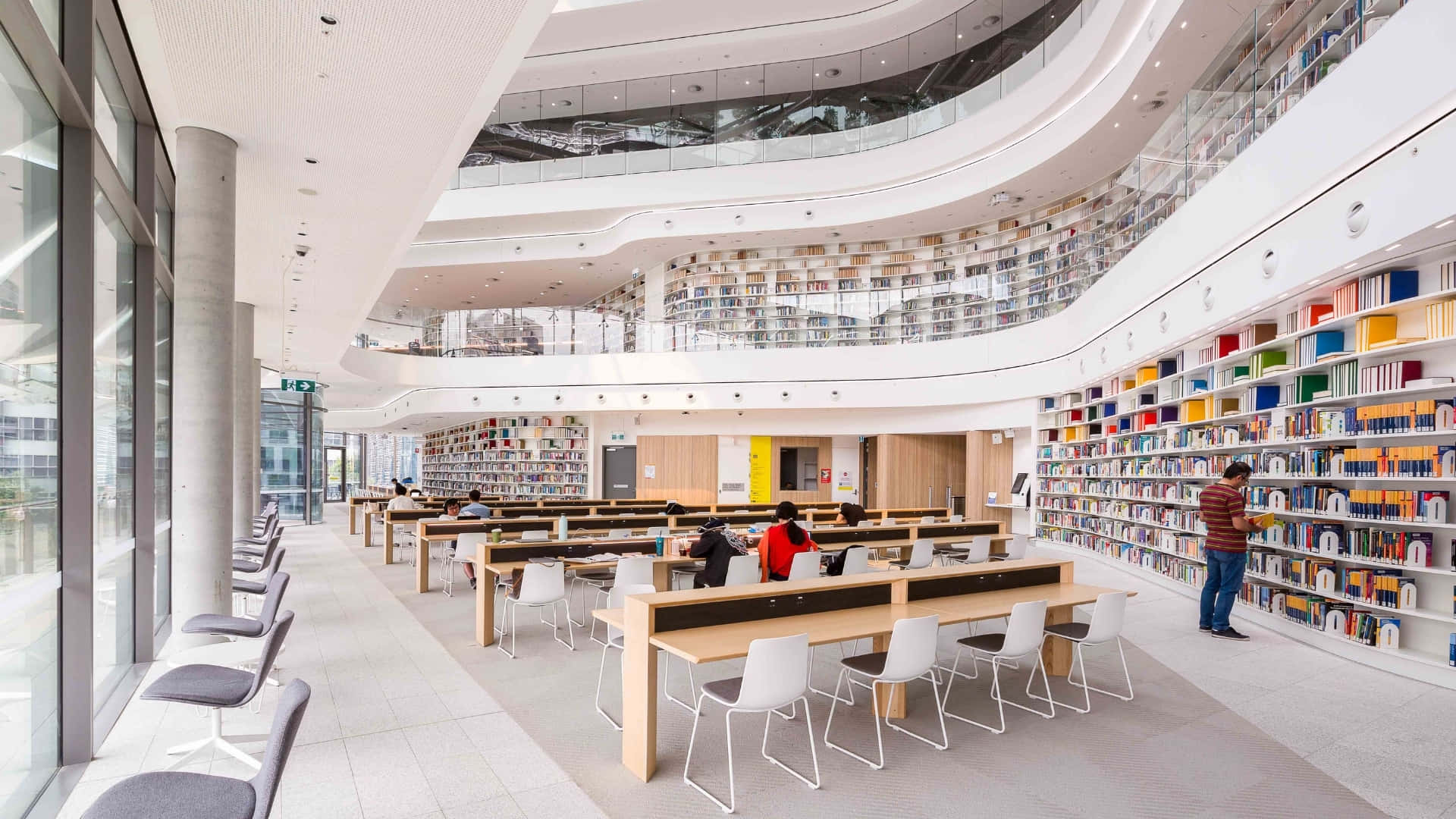 Ettbibliotek Med Många Böcker Och En Stor Glasvägg.