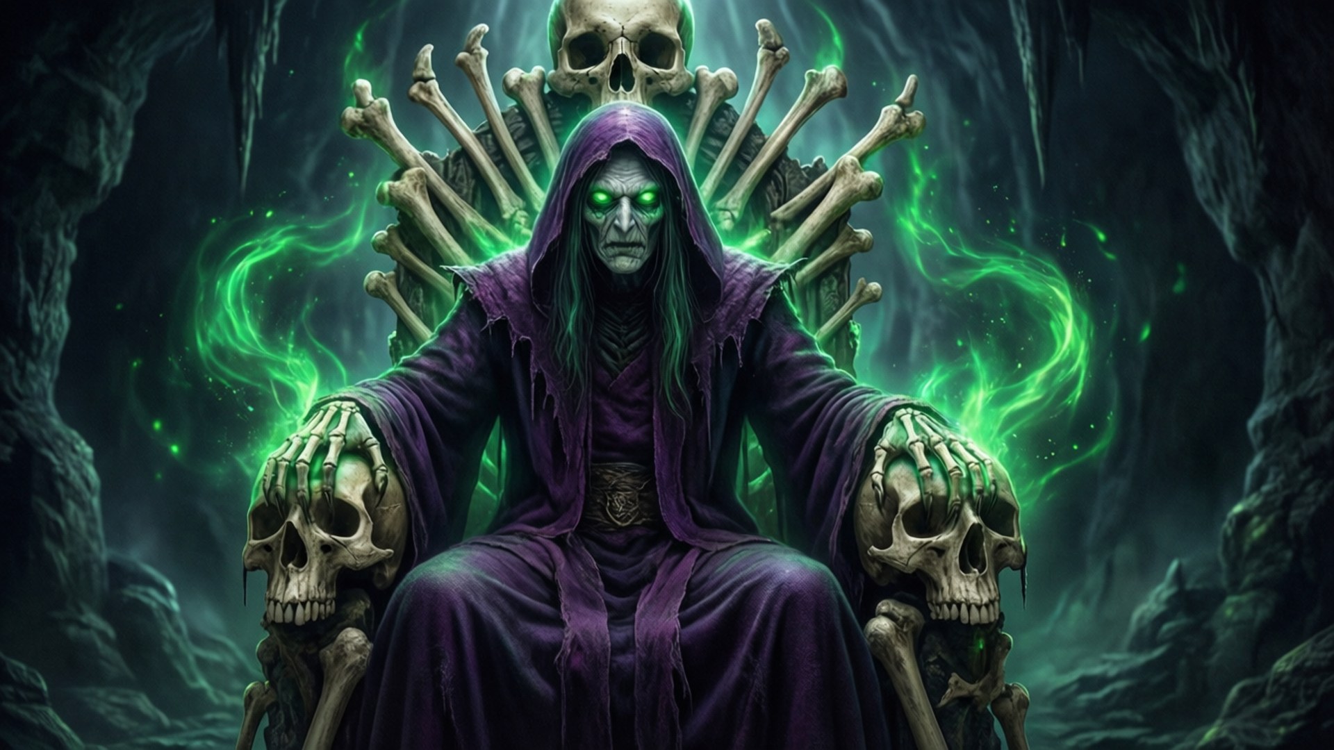 Ein Lich herrscht von einem Thron aus Knochen in einer dunklen Höhle.