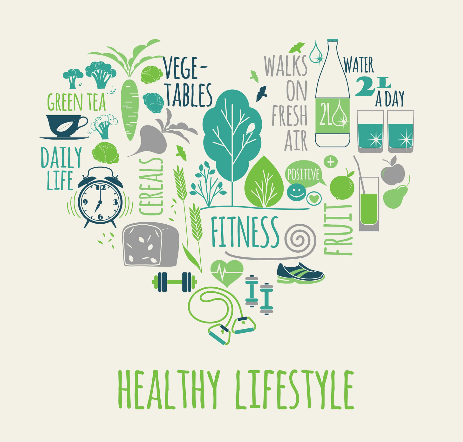 A Heart Shaped Healthy Lifestyle With Various Items