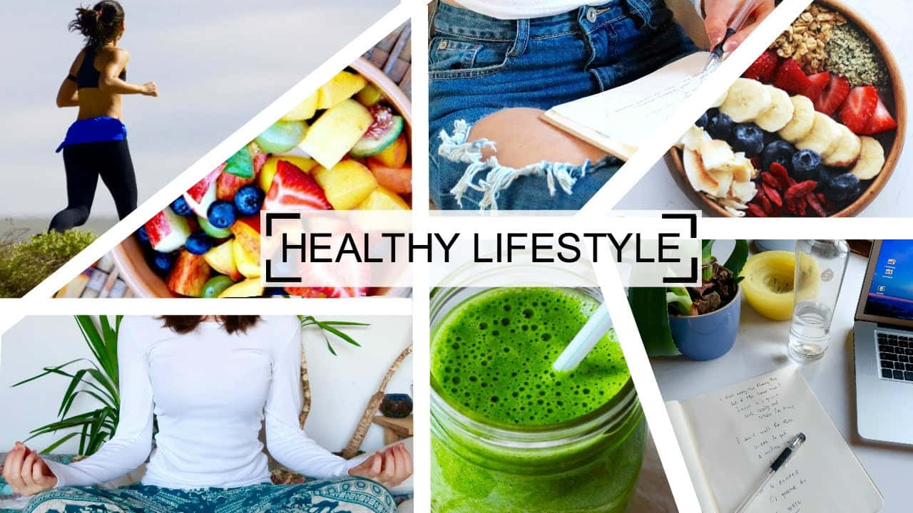 Healthy Lifestyle Collage With A Woman Doing Yoga And A Laptop