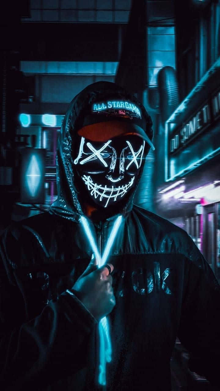 Light Blue Neon 4k Mask Man With Hoodie Wallpaper