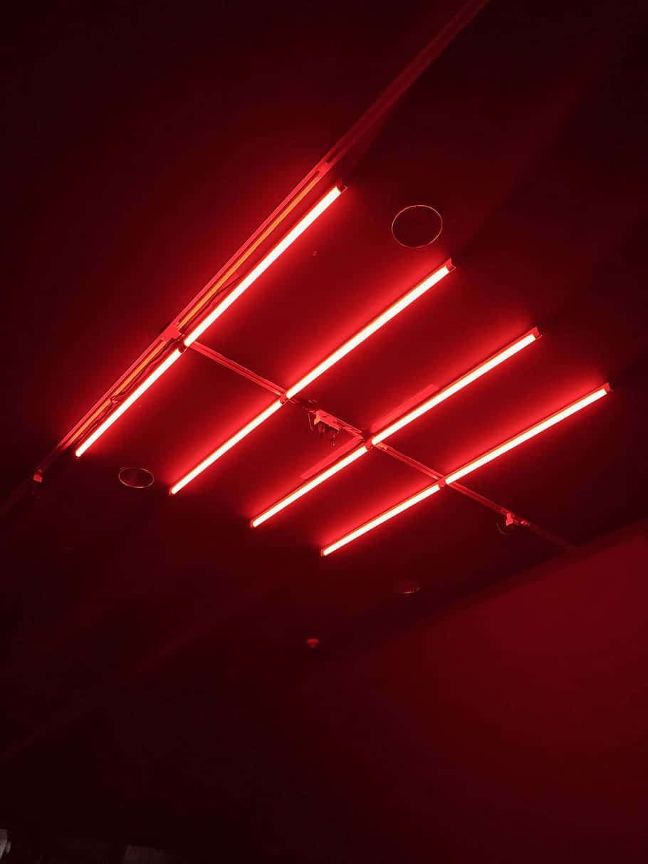 A Red Neon Light Is Hanging From The Ceiling Wallpaper