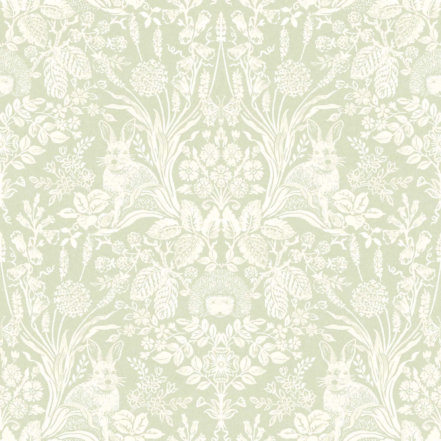 A Green And White Wallpaper With A Floral Pattern