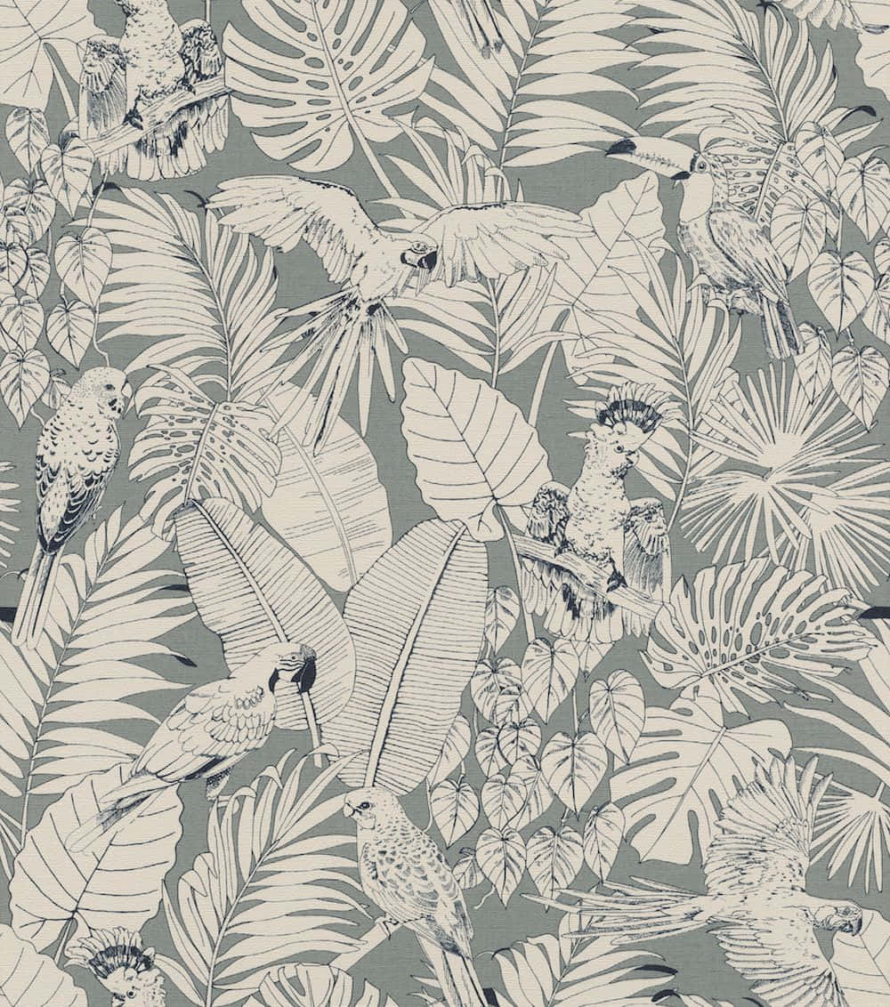 Light Sage Green Background Tropical Leaves And Parrots