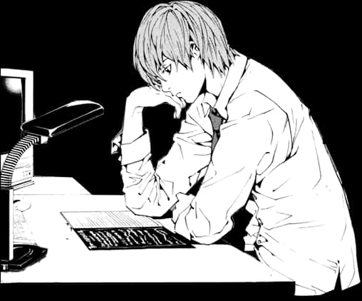 Light Yagami Contemplatingat Desk PNG