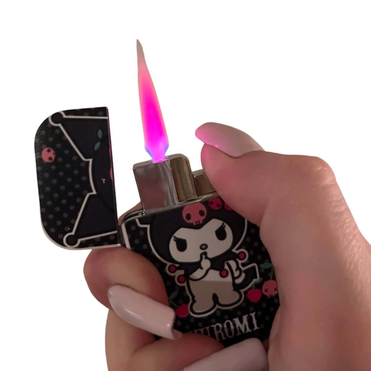 A Person Holding A Lighter With A Pink Kawaii Design