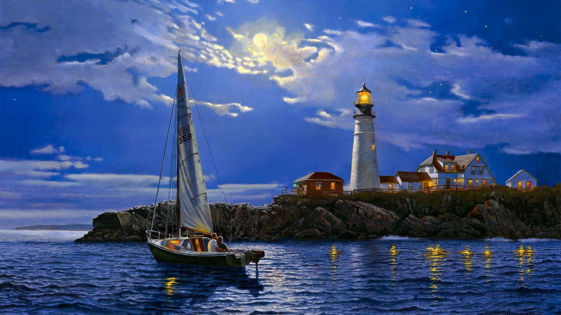 Lighthouse Evening Painting Wallpaper